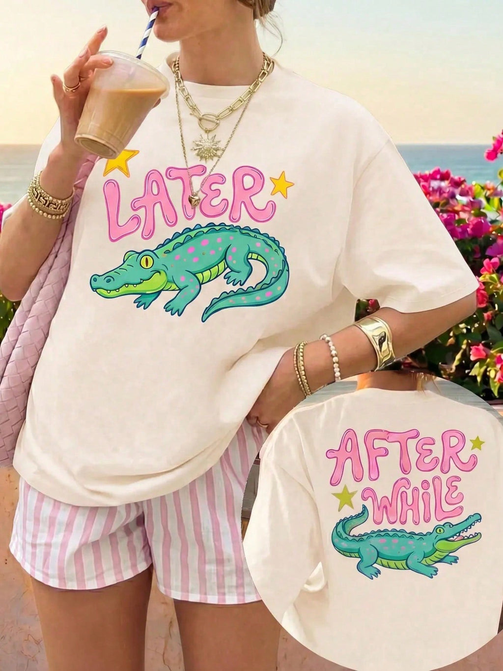 Crocodile Graphic Tee Women's "See You Later" Letter Print Short Sleeve T-Shirt Casual Summer Crew Neck Aesthetic Top Pink