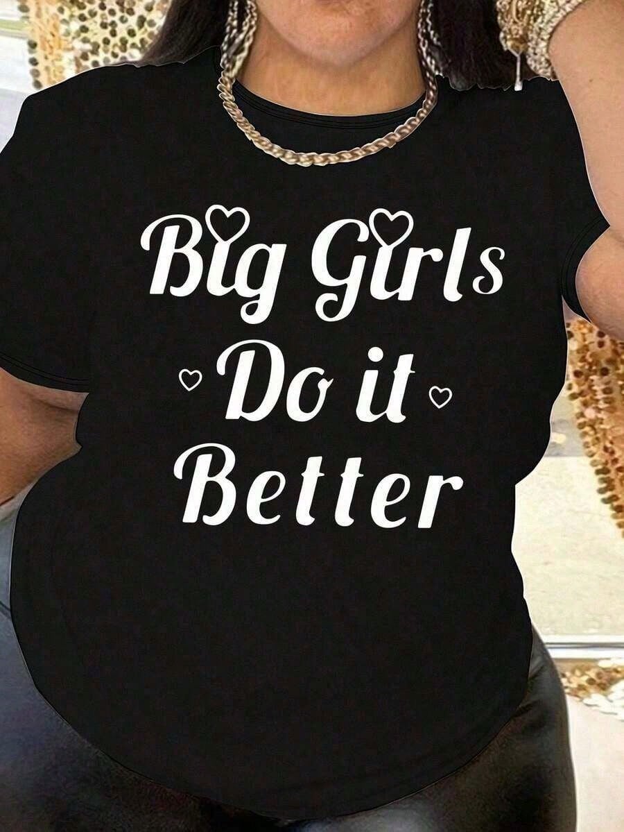 Large Letter Printed T-Shirt, Casual Round Neck Short Sleeved T-Shirt, Women's Plus Size Clothing Summer