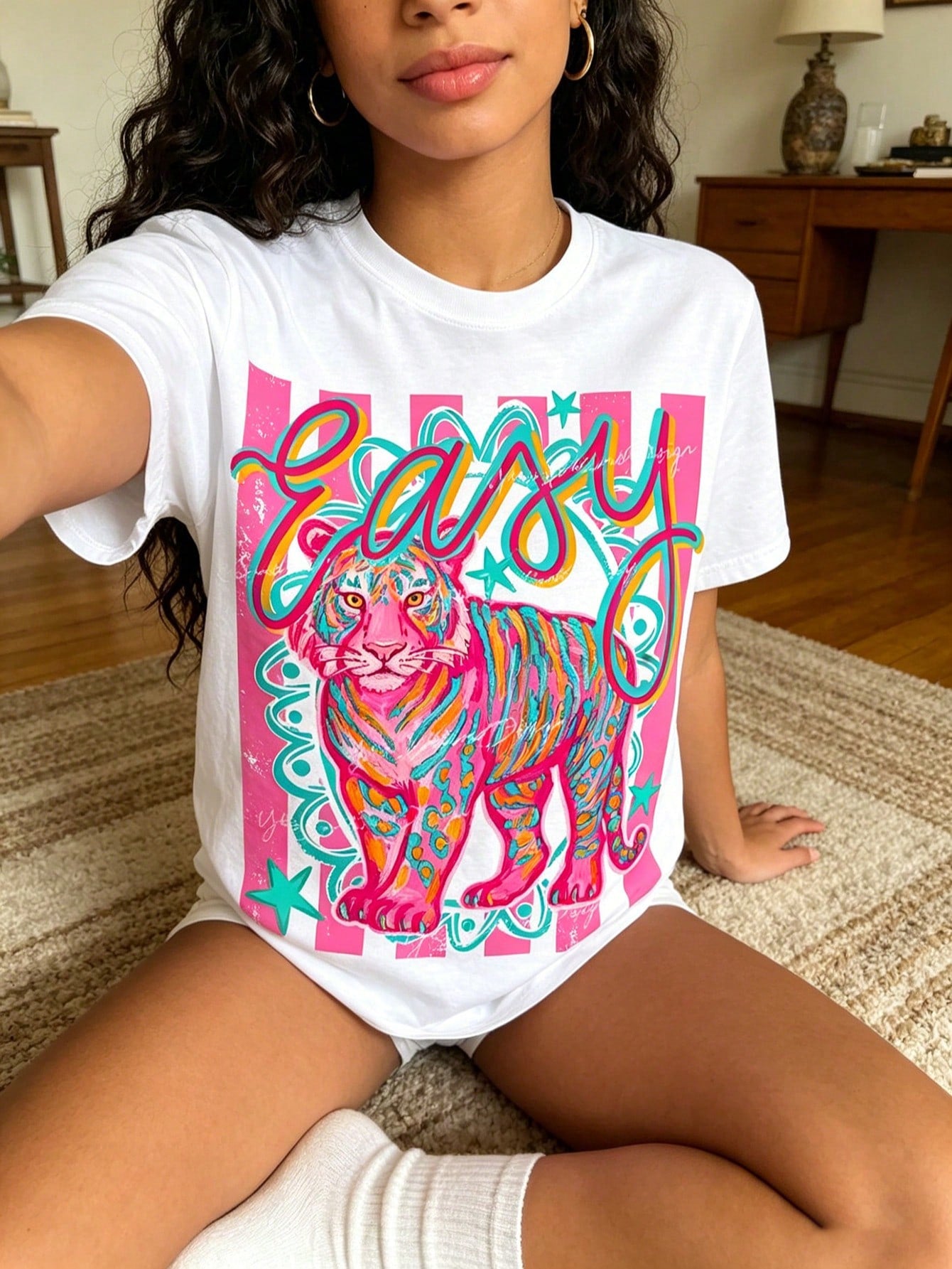Preppy Style Tiger Print T-Shirt, Casual Crew Neck T-Shirt Ropa De Verano Mujer Y2k Clothes Streetwear