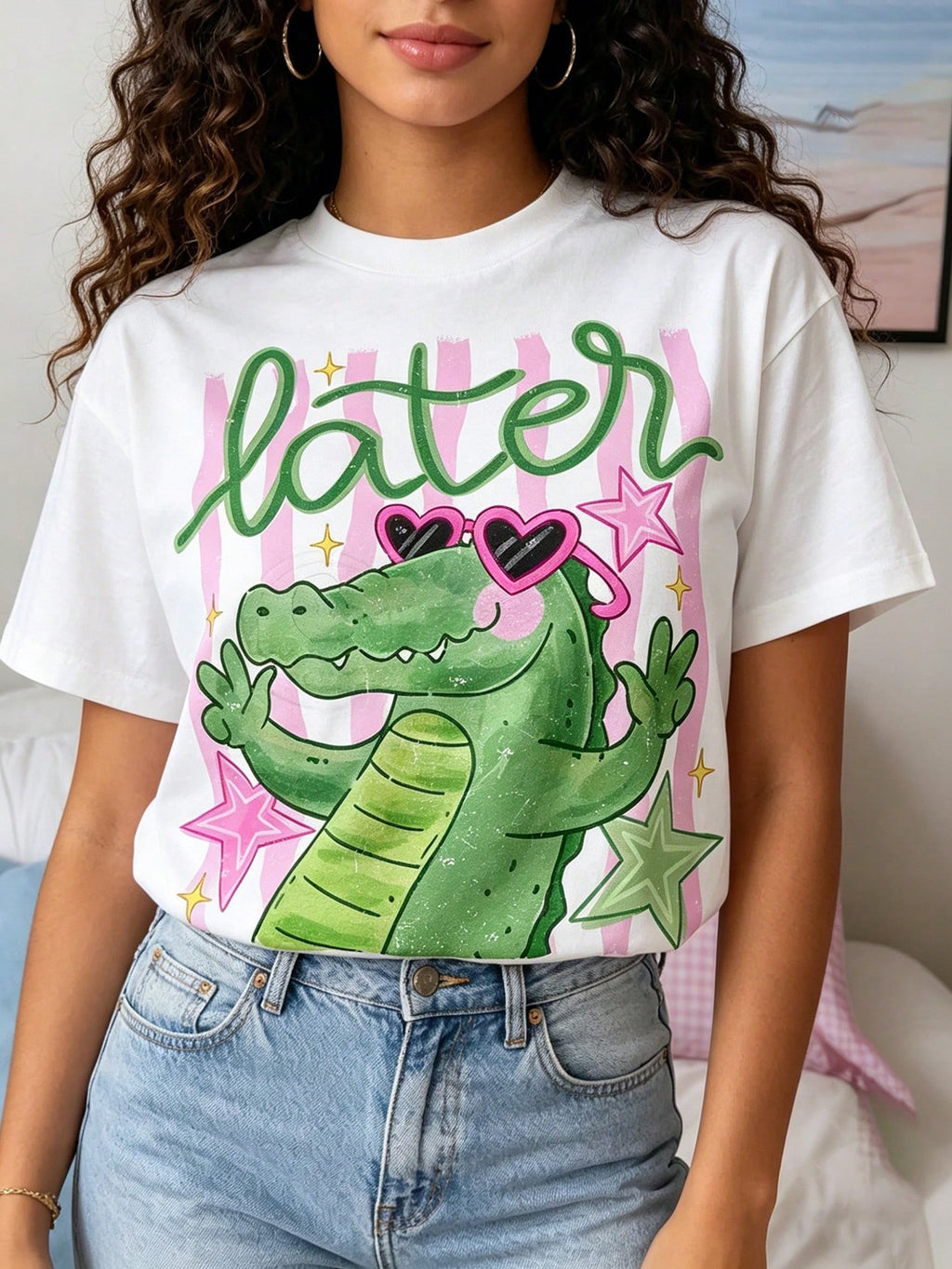Cute Cartoon Alligator Graphic Tee Summer Beach Vacation Top Y2K Cool Crocodile Sunglasses Letter Print Loose Fit T-Shirt Casual Coastal Streetwear