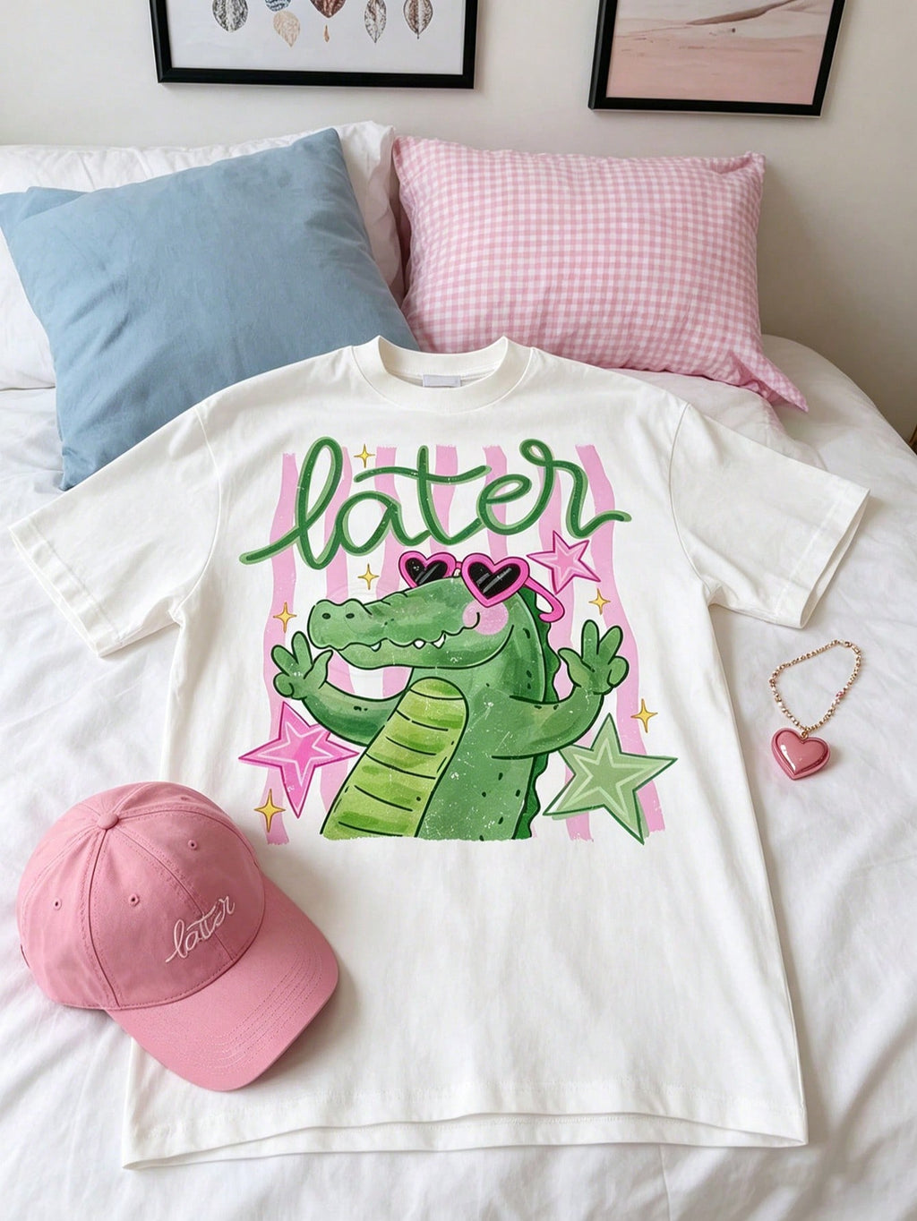 Crocodile-Themed Printed Short-Sleeved Crew Neck T-Shirt Graphic White T-Shirt, Streetwear Summer Top Camiseta Para Mujer Free Shipping