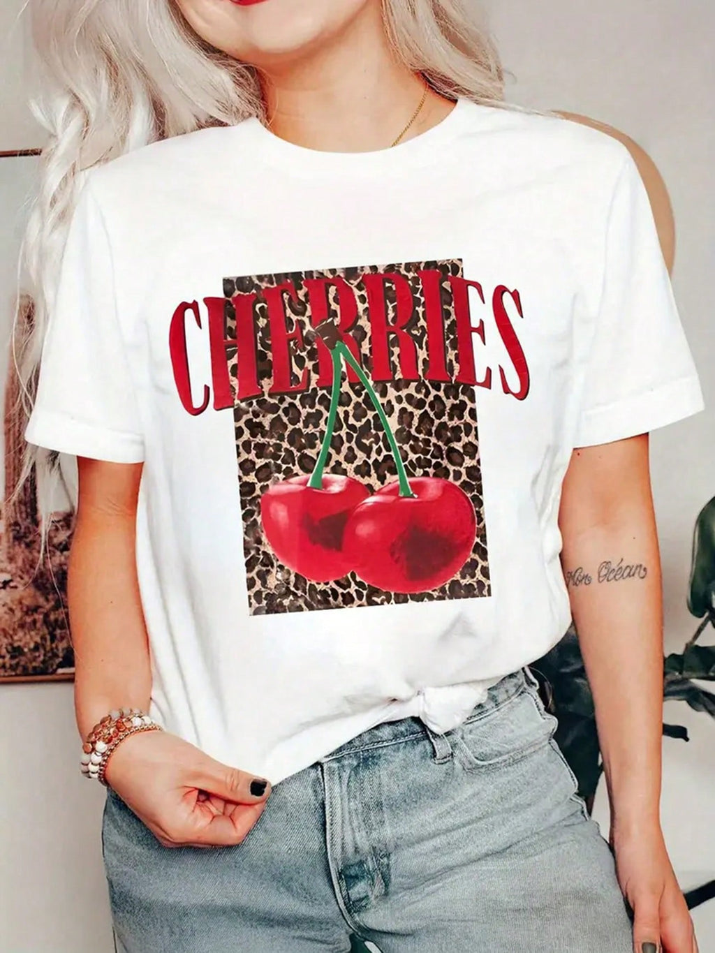 Valentine's Day Leopard Cherry Cartoon Letter Graphic Print T Shirt, Short Sleeve Crew Neck Casual Top For Summer & Spring, Women's T-Shirt
