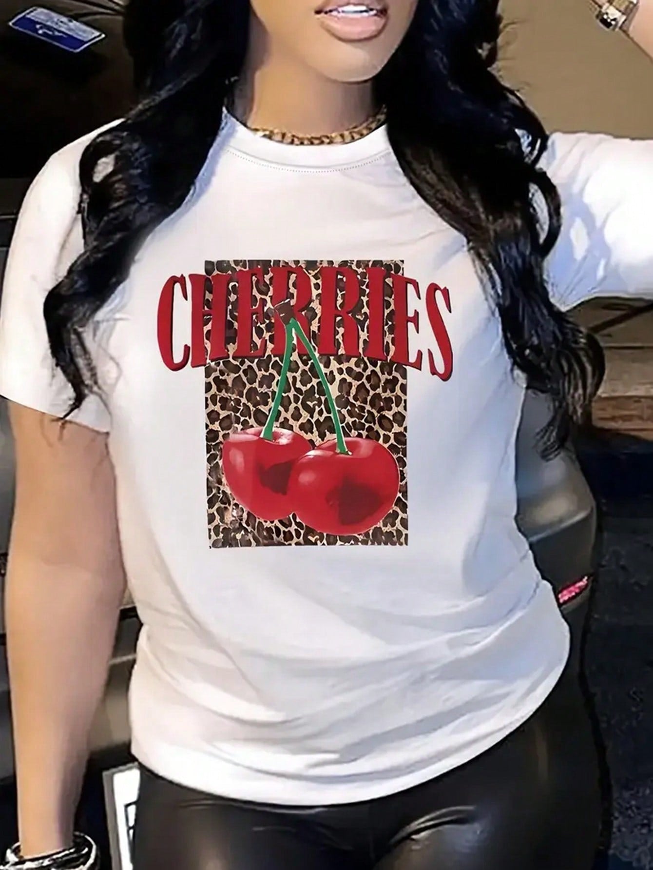 Valentine's Day Leopard Cherry Cartoon Letter Graphic Print T Shirt, Short Sleeve Crew Neck Casual Top For Summer & Spring, Women's T-Shirt