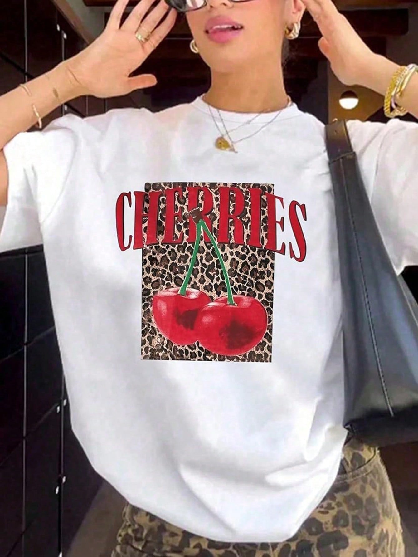 Valentine's Day Leopard Cherry Cartoon Letter Graphic Print T Shirt, Short Sleeve Crew Neck Casual Top For Summer & Spring, Women's T-Shirt