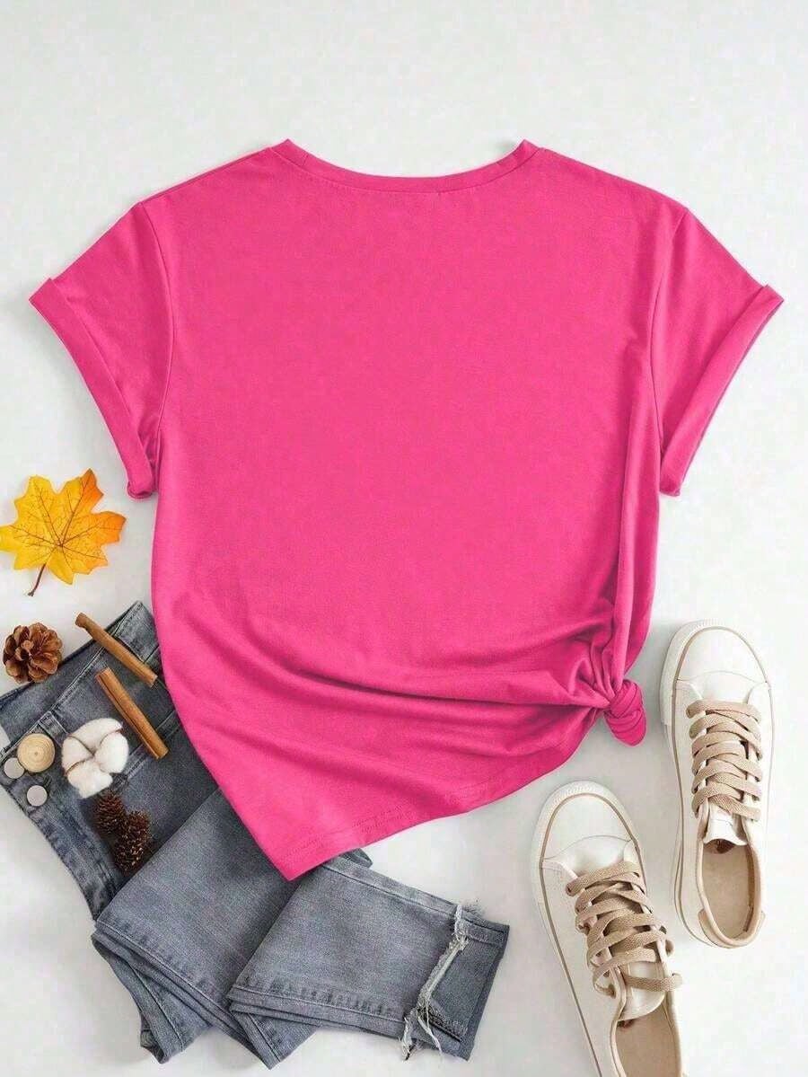 Large Letter Printed T-Shirt, Casual Round Neck Short Sleeved T-Shirt, Women's Plus Size Clothing Summer