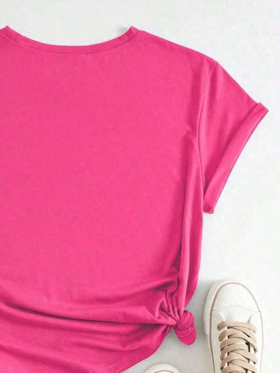Large Letter Printed T-Shirt, Casual Round Neck Short Sleeved T-Shirt, Women's Plus Size Clothing Summer