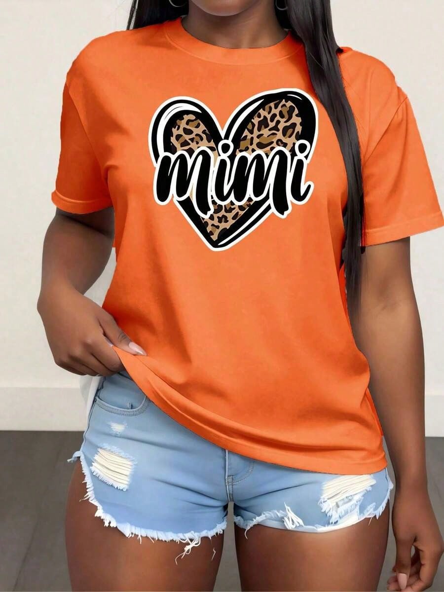 Plus Size Women's Crew Neck T-Shirt With Mimi Print, Women's Fashion T-Shirt, Comfortable Round Neck Top, Soft Adorable Tees Tops