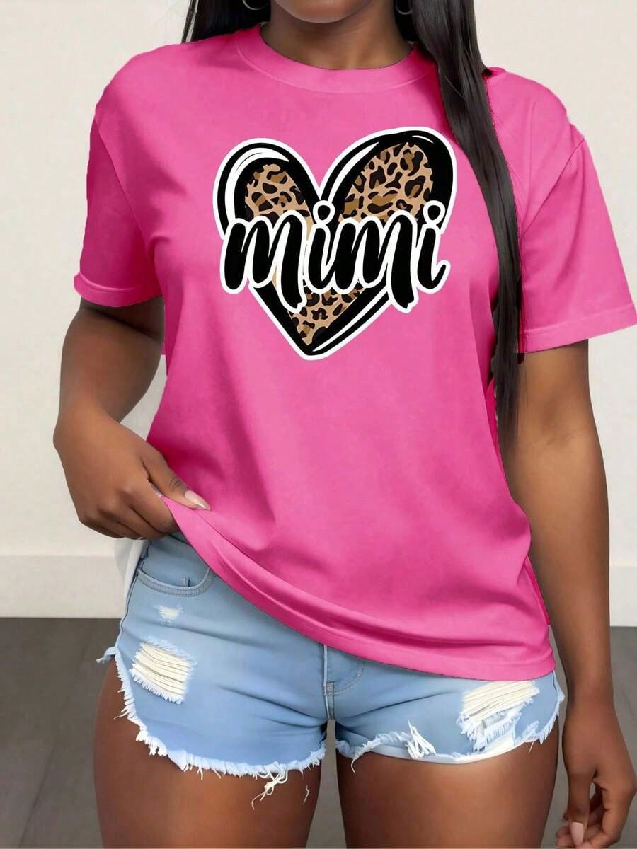 Plus Size Women's Crew Neck T-Shirt With Mimi Print, Women's Fashion T-Shirt, Comfortable Round Neck Top, Soft Adorable Tees Tops