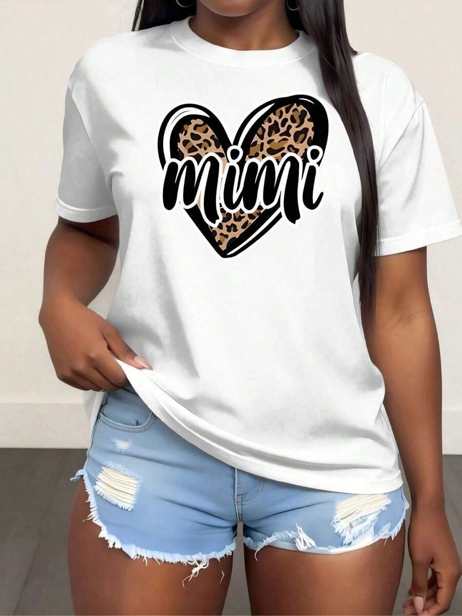 Plus Size Women's Crew Neck T-Shirt With Mimi Print, Women's Fashion T-Shirt, Comfortable Round Neck Top, Soft Adorable Tees Tops