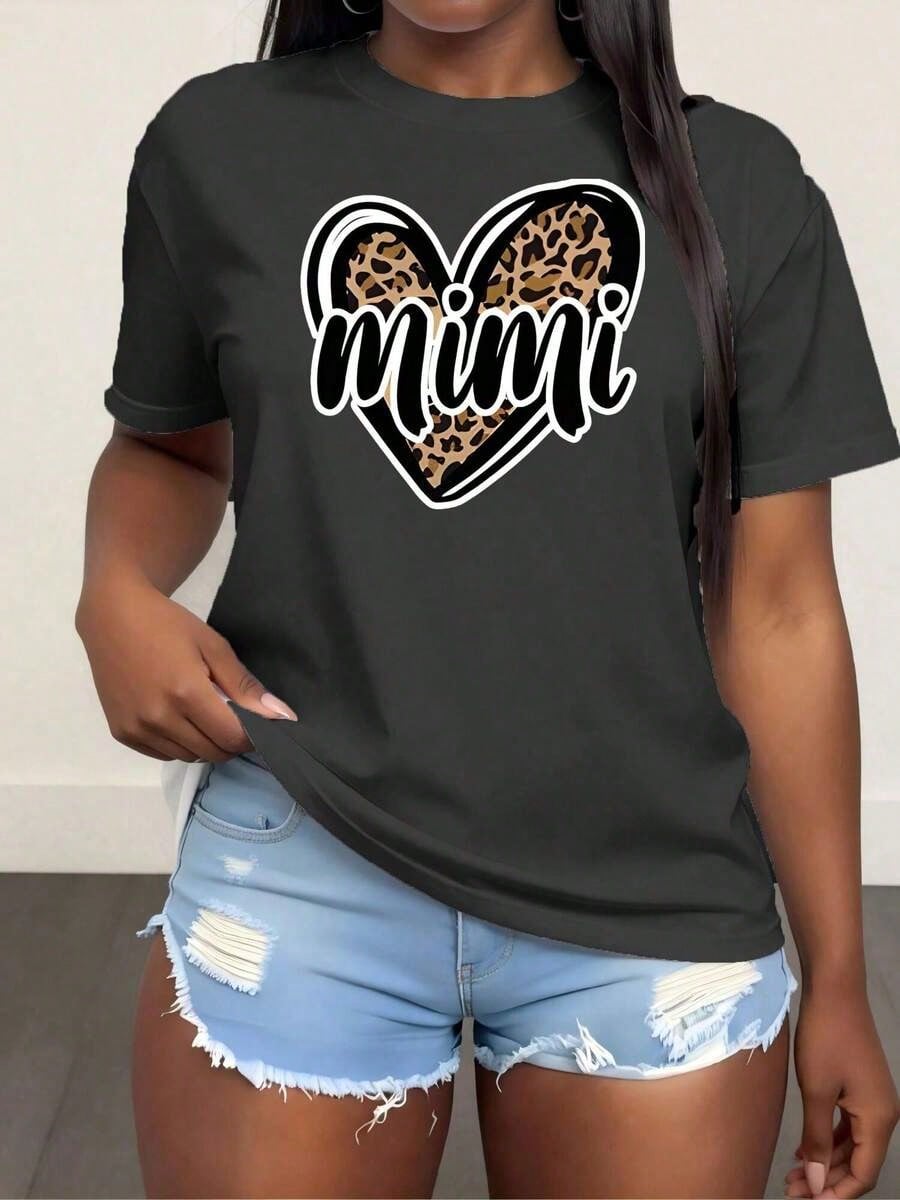 Plus Size Women's Crew Neck T-Shirt With Mimi Print, Women's Fashion T-Shirt, Comfortable Round Neck Top, Soft Adorable Tees Tops