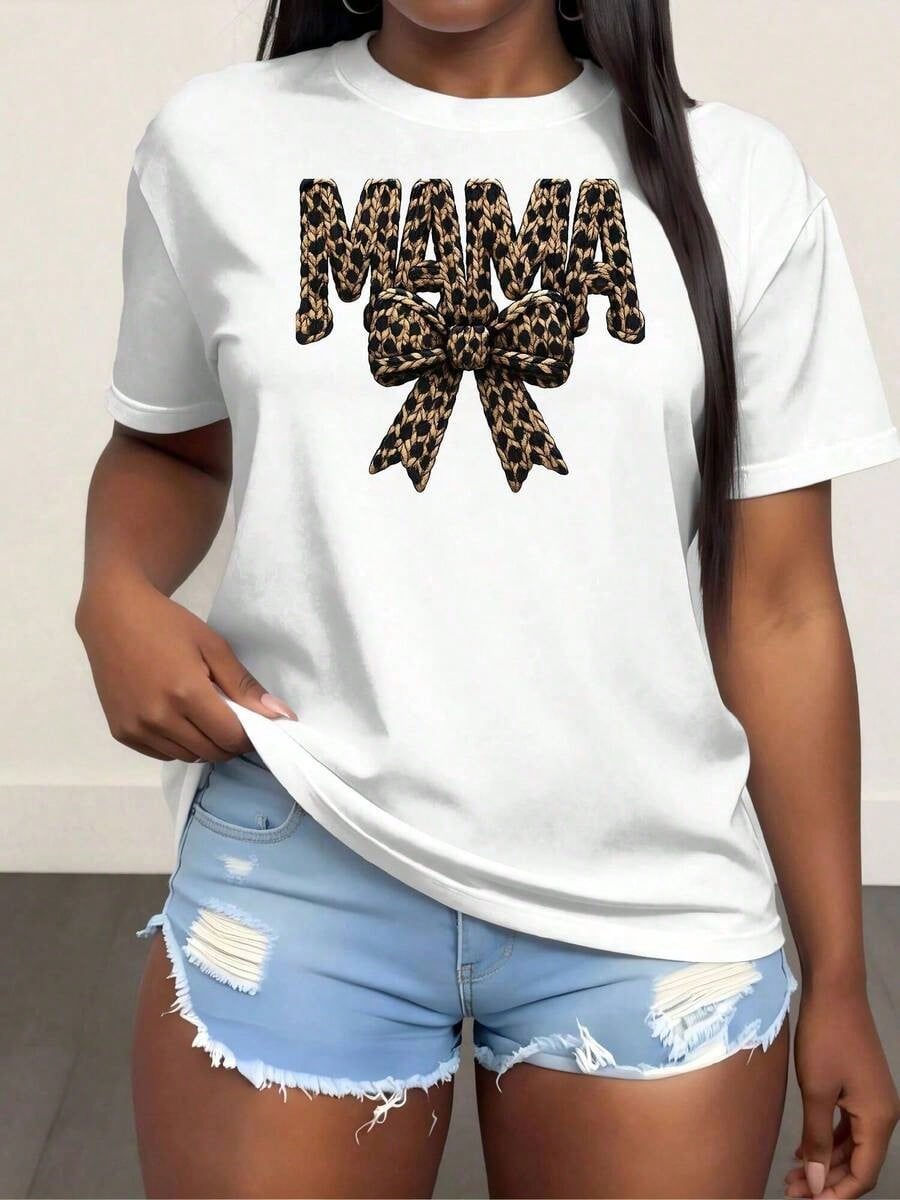 Plus Size Women's Crew Neck T-Shirt With Leopard Mama Print, Women's Fashion T-Shirt, Comfortable Round Neck Top, Soft Adorable Tees Tops