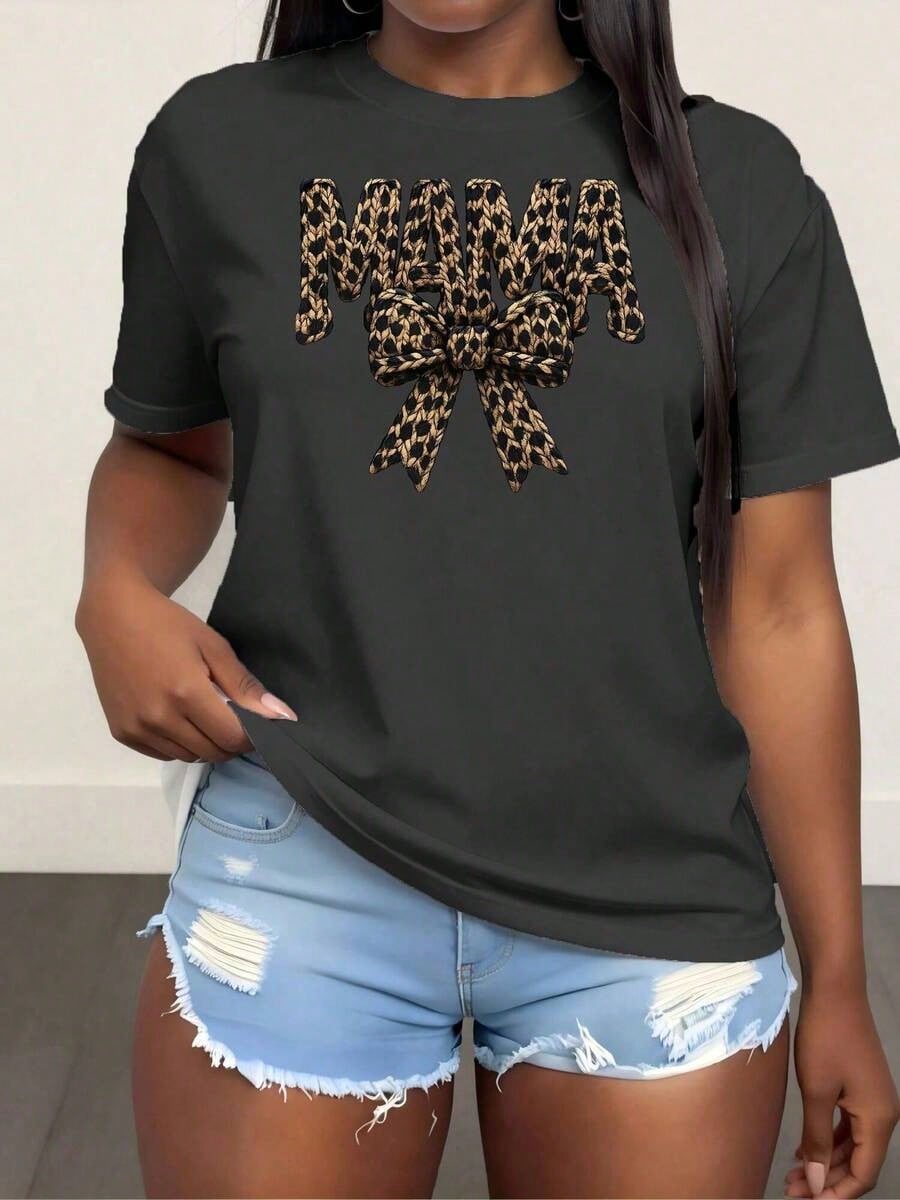 Plus Size Women's Crew Neck T-Shirt With Leopard Mama Print, Women's Fashion T-Shirt, Comfortable Round Neck Top, Soft Adorable Tees Tops