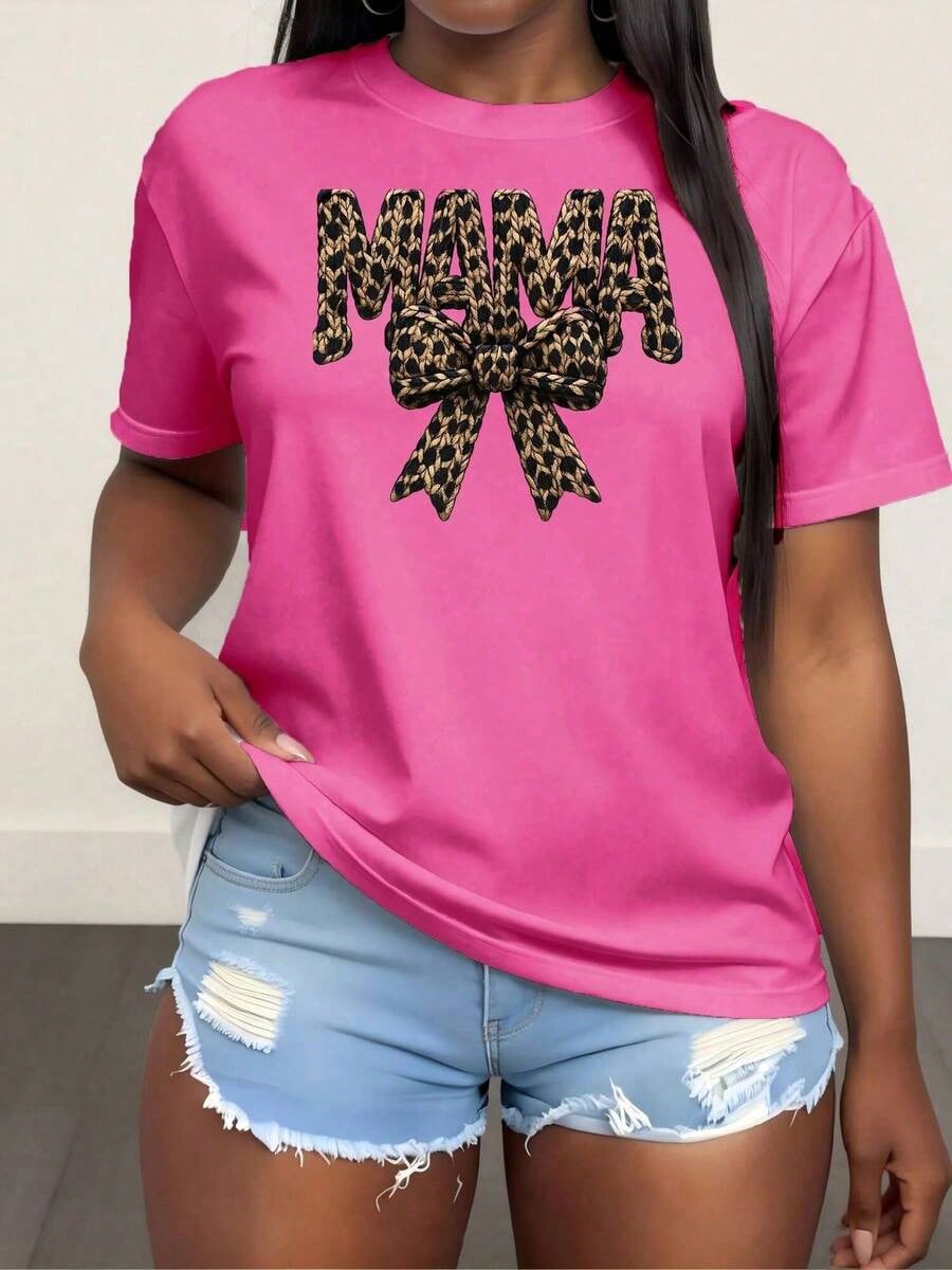 Plus Size Women's Crew Neck T-Shirt With Leopard Mama Print, Women's Fashion T-Shirt, Comfortable Round Neck Top, Soft Adorable Tees Tops