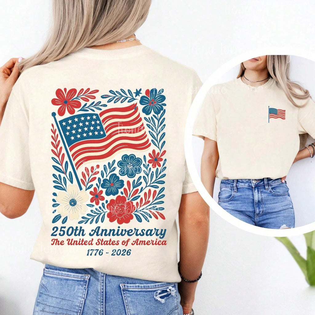 USA 250th Anniversary Shirt 4th Of July Back Graphic Tee Boho Floral America T-Shirt American Flag 250 Independence Day Gift Summer Tops For Women
