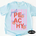 Fruit & Slogan Print Light Blue Loose Fit Tee, "Just Peachy" Striped Graphic Loose Fit T-Shirt, Summer Aesthetic Fresh Style Short Sleeve Top