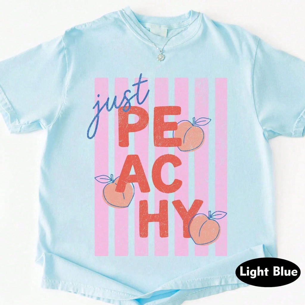 Fruit & Slogan Print Light Blue Loose Fit Tee, "Just Peachy" Striped Graphic Loose Fit T-Shirt, Summer Aesthetic Fresh Style Short Sleeve Top