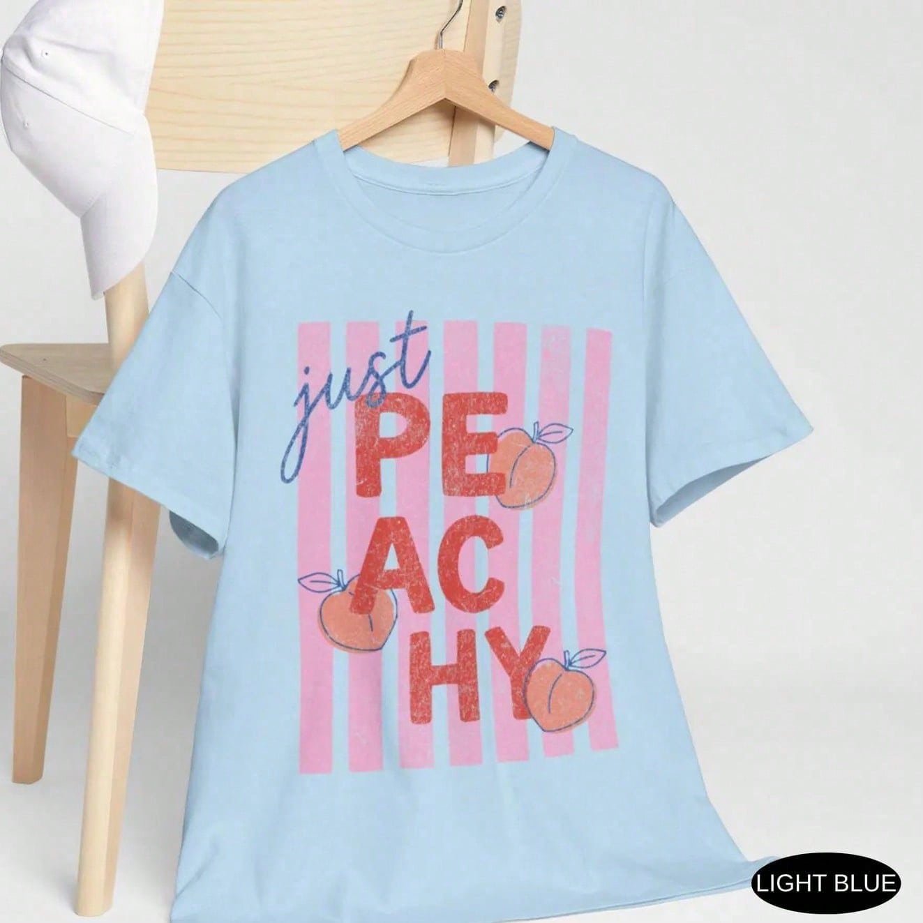 Fruit & Slogan Print Light Blue Loose Fit Tee, "Just Peachy" Striped Graphic Loose Fit T-Shirt, Summer Aesthetic Fresh Style Short Sleeve Top