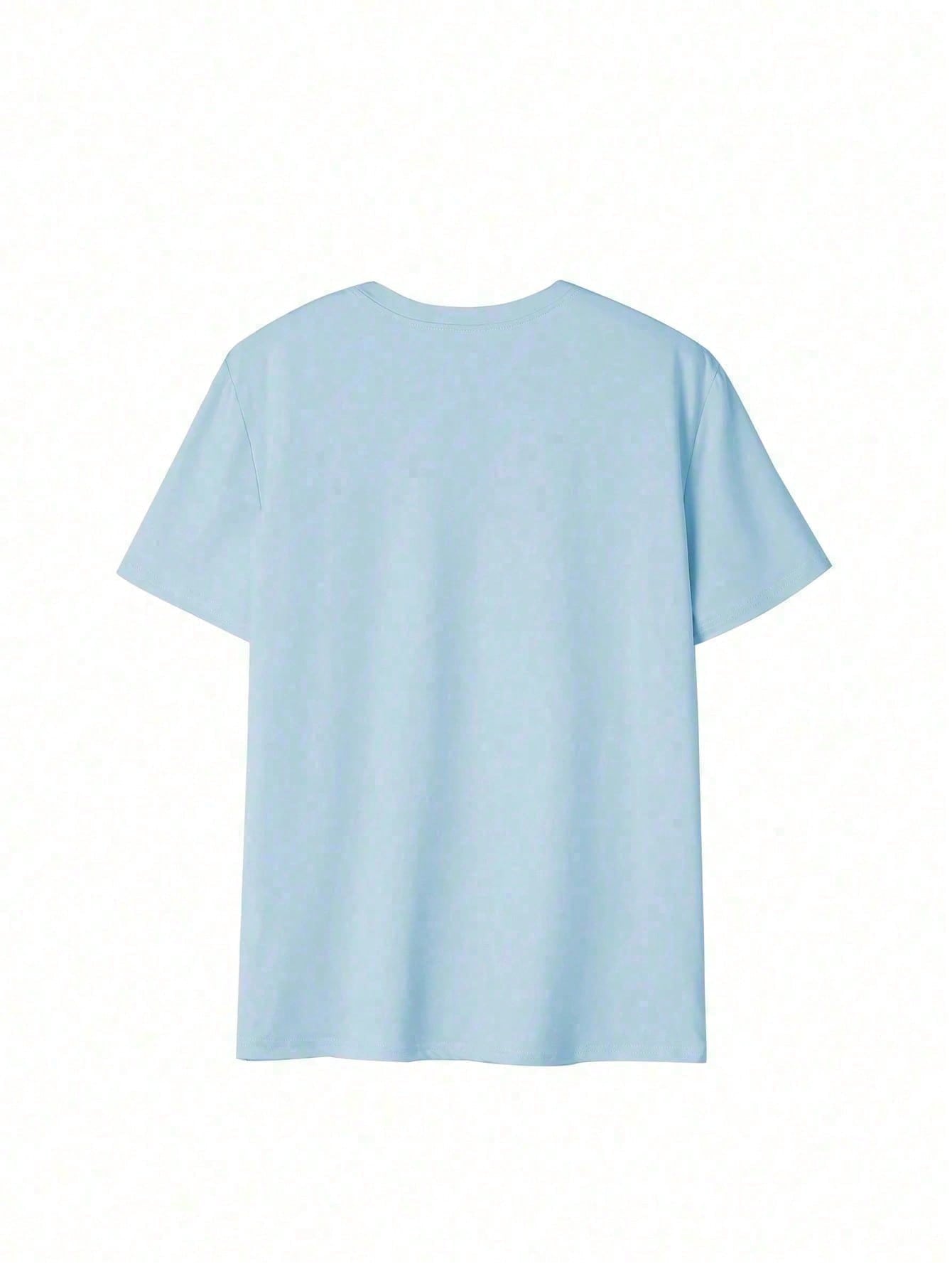 Fruit & Slogan Print Light Blue Loose Fit Tee, "Just Peachy" Striped Graphic Loose Fit T-Shirt, Summer Aesthetic Fresh Style Short Sleeve Top