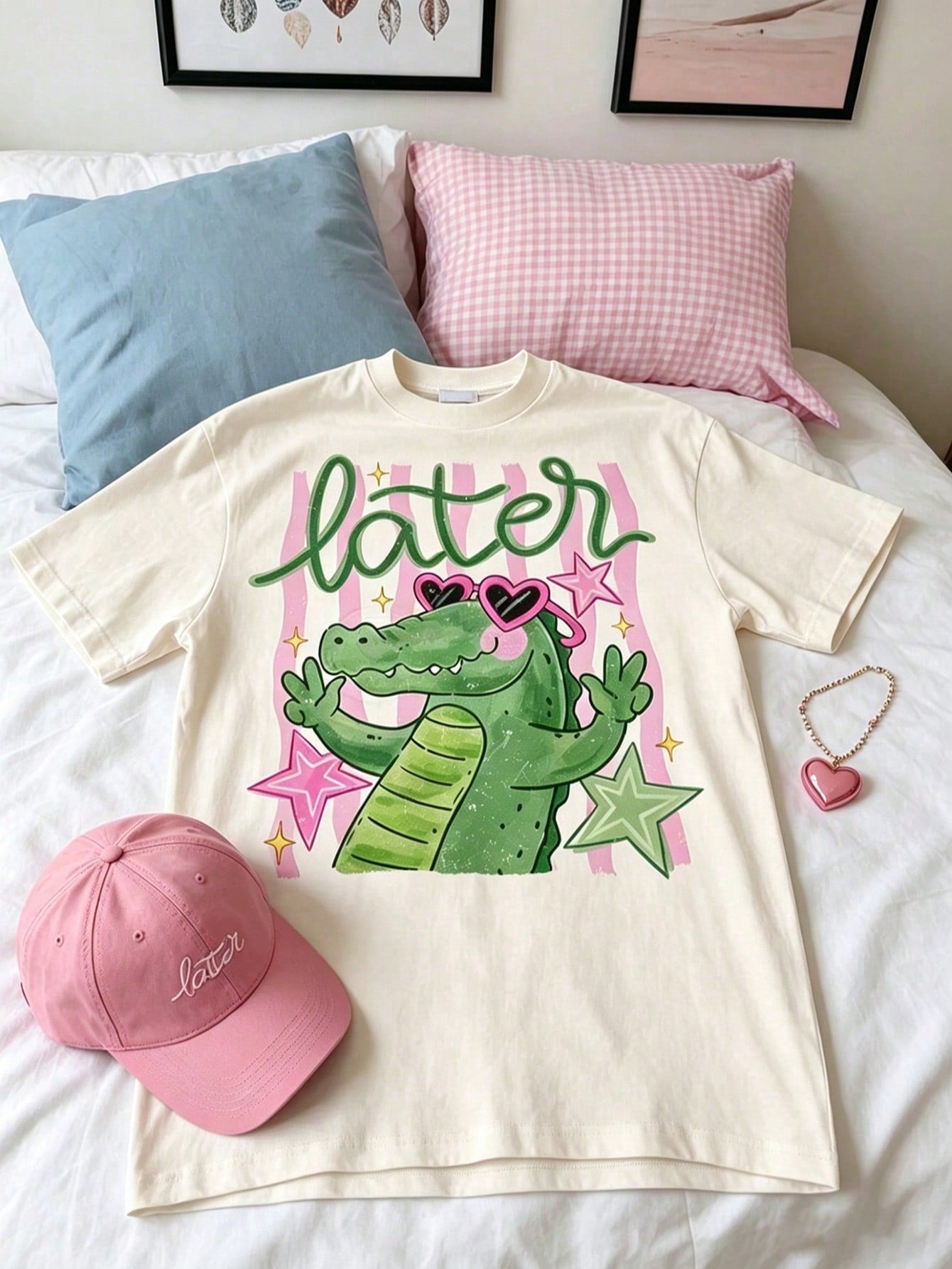 Crocodile-Themed Printed Short-Sleeved Crew Neck T-Shirt Graphic White T-Shirt, Streetwear Summer Top Camiseta Para Mujer Free Shipping