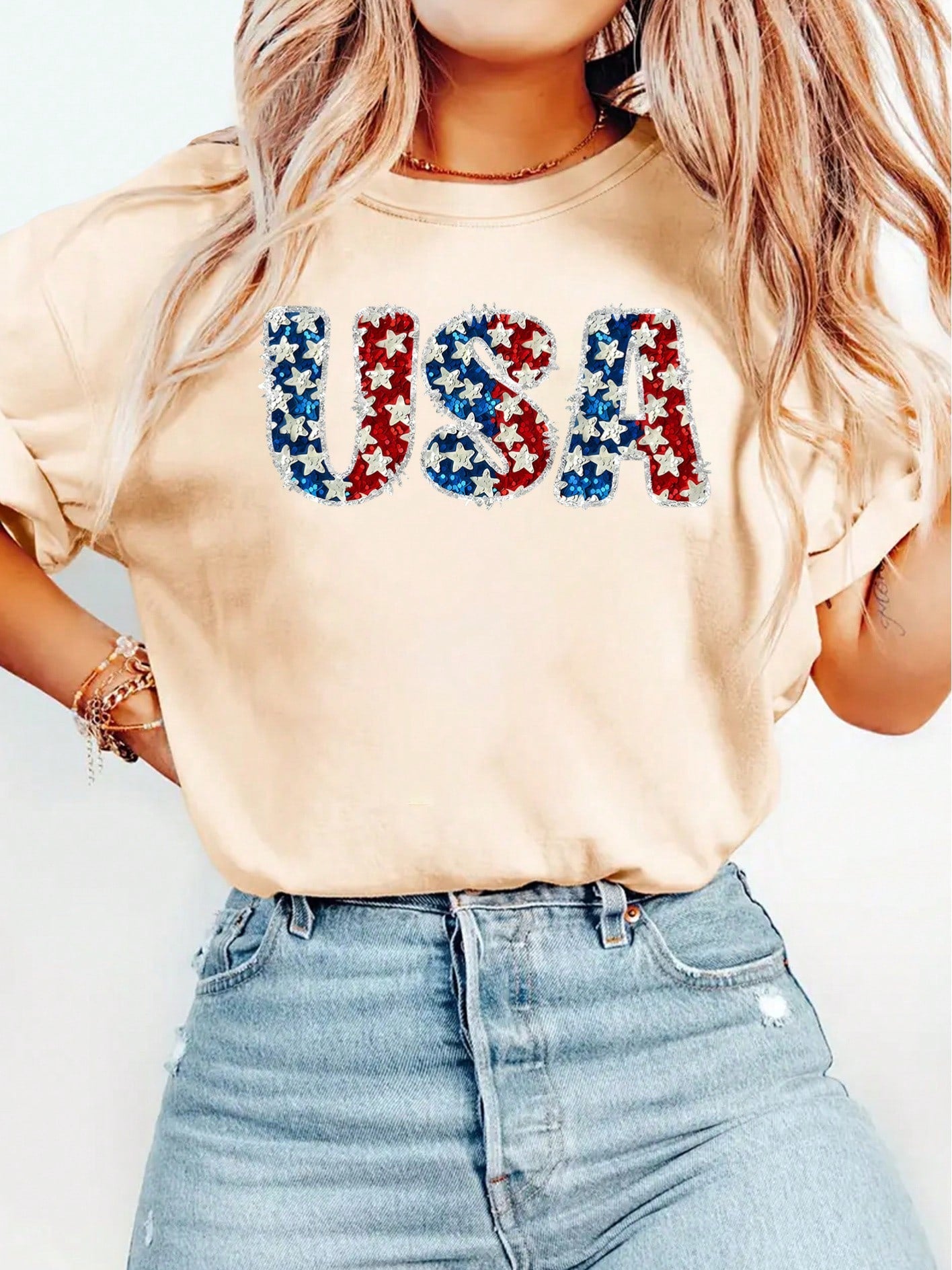&Lt; Independence Day &Gt; USA Flag Star Sequin Vintage Distressed Pattern Print Elegant Women's Exclusive Gift Round Neck Spring Summer Autumn Short Sleeve T-Shirt Fashionable For Parties, Photoshoots, Commuting, Vacation, Everyday Versatile Vintage Wome
