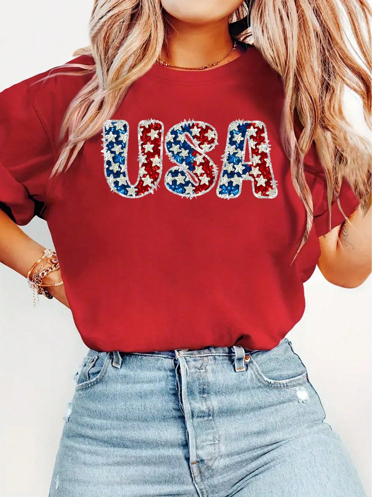 &Lt; Independence Day &Gt; USA Flag Star Sequin Vintage Distressed Pattern Print Elegant Women's Exclusive Gift Round Neck Spring Summer Autumn Short Sleeve T-Shirt Fashionable For Parties, Photoshoots, Commuting, Vacation, Everyday Versatile Vintage Wome