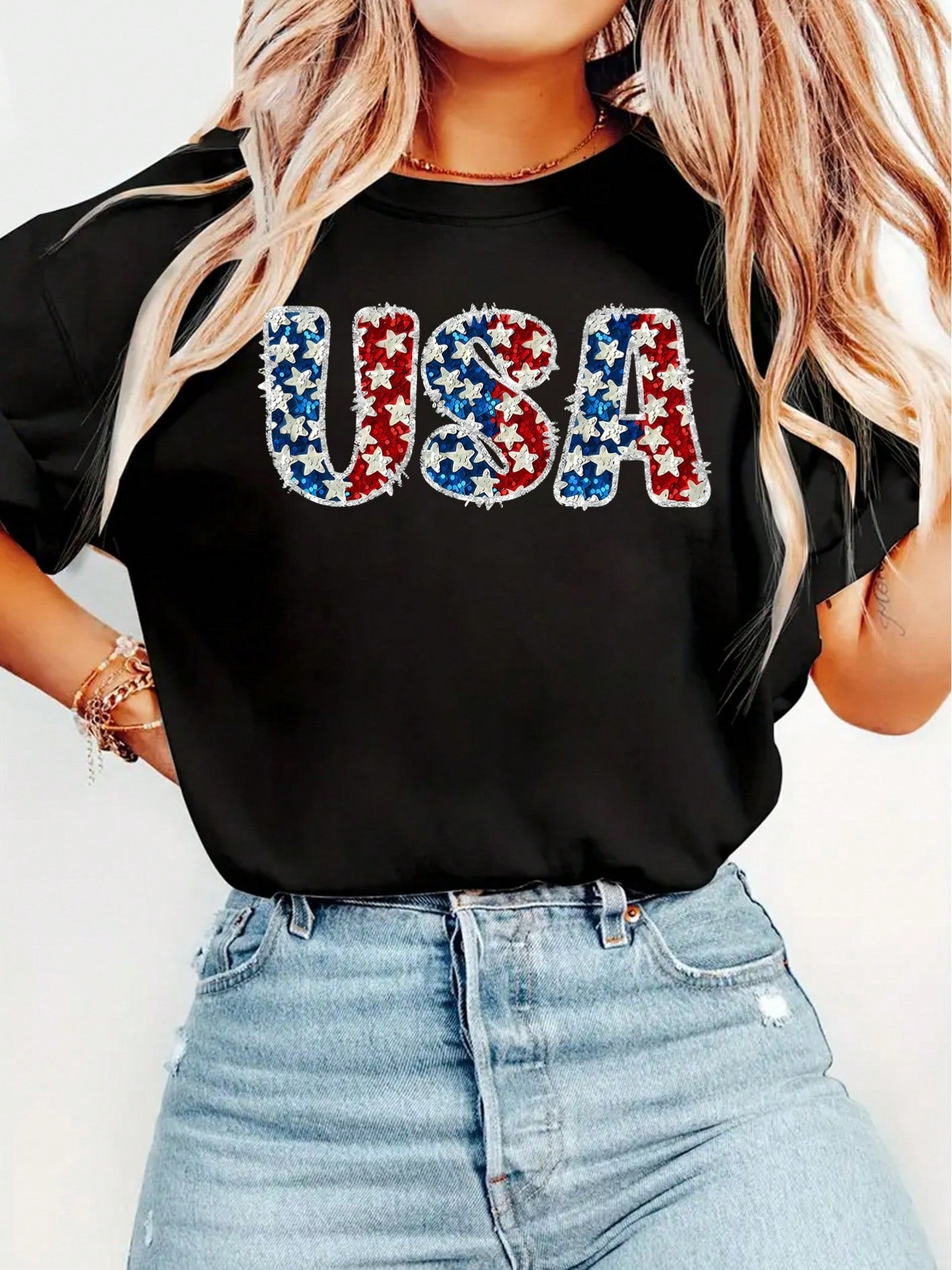 &Lt; Independence Day &Gt; USA Flag Star Sequin Vintage Distressed Pattern Print Elegant Women's Exclusive Gift Round Neck Spring Summer Autumn Short Sleeve T-Shirt Fashionable For Parties, Photoshoots, Commuting, Vacation, Everyday Versatile Vintage Wome