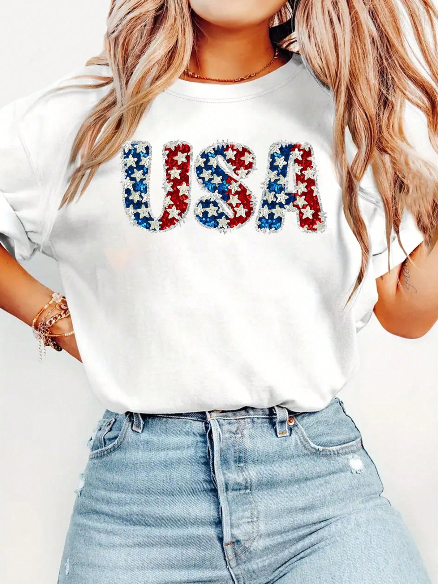 &Lt; Independence Day &Gt; USA Flag Star Sequin Vintage Distressed Pattern Print Elegant Women's Exclusive Gift Round Neck Spring Summer Autumn Short Sleeve T-Shirt Fashionable For Parties, Photoshoots, Commuting, Vacation, Everyday Versatile Vintage Wome