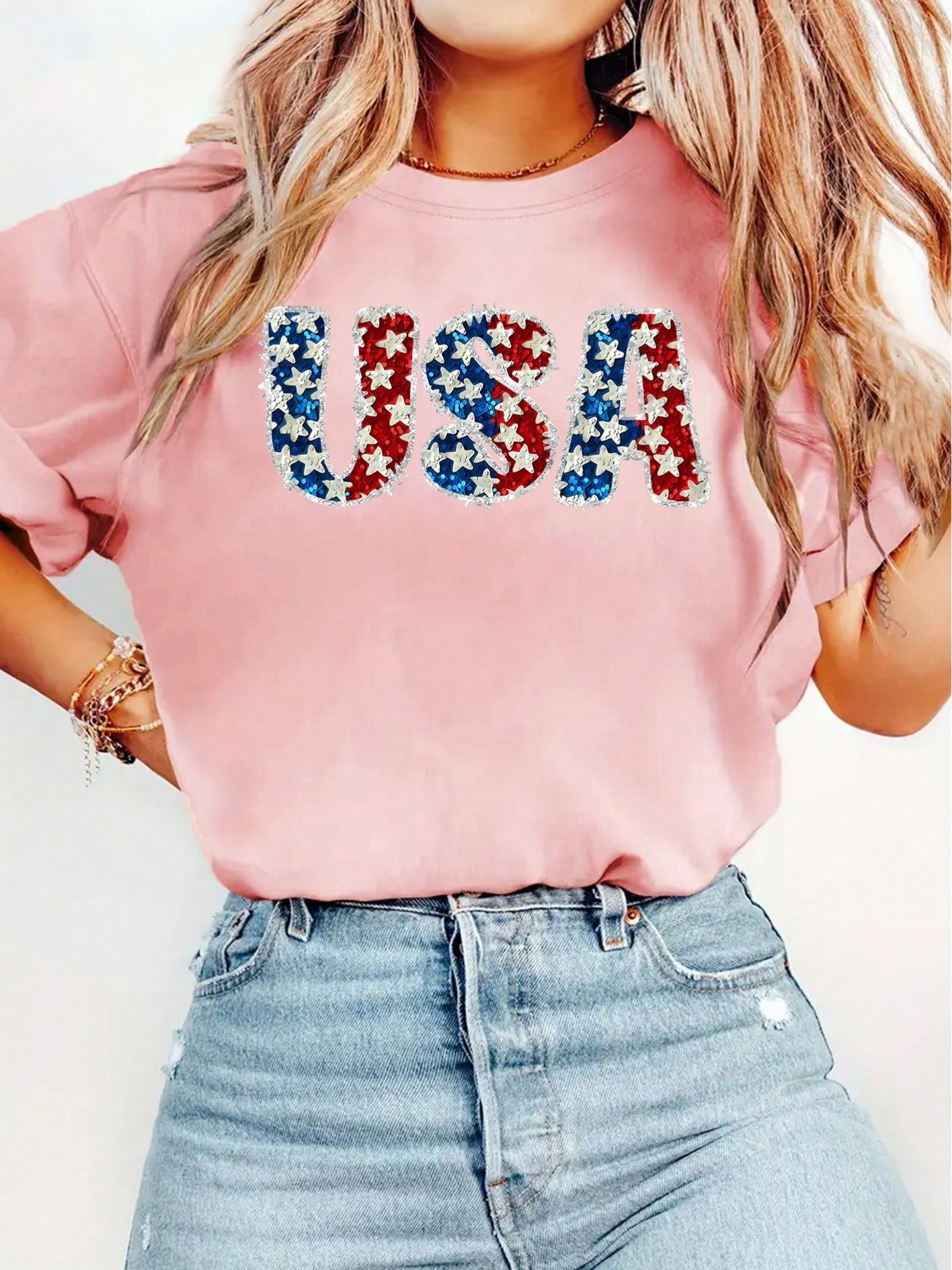 &Lt; Independence Day &Gt; USA Flag Star Sequin Vintage Distressed Pattern Print Elegant Women's Exclusive Gift Round Neck Spring Summer Autumn Short Sleeve T-Shirt Fashionable For Parties, Photoshoots, Commuting, Vacation, Everyday Versatile Vintage Wome