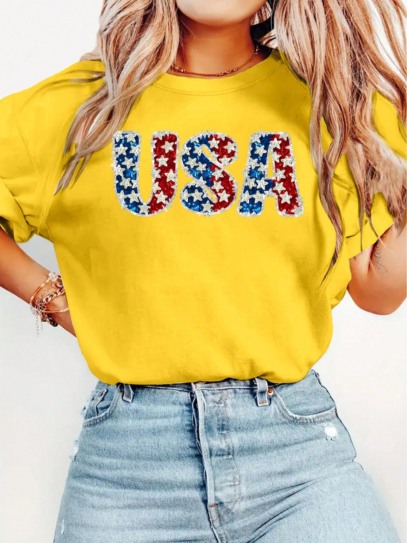 &Lt; Independence Day &Gt; USA Flag Star Sequin Vintage Distressed Pattern Print Elegant Women's Exclusive Gift Round Neck Spring Summer Autumn Short Sleeve T-Shirt Fashionable For Parties, Photoshoots, Commuting, Vacation, Everyday Versatile Vintage Wome