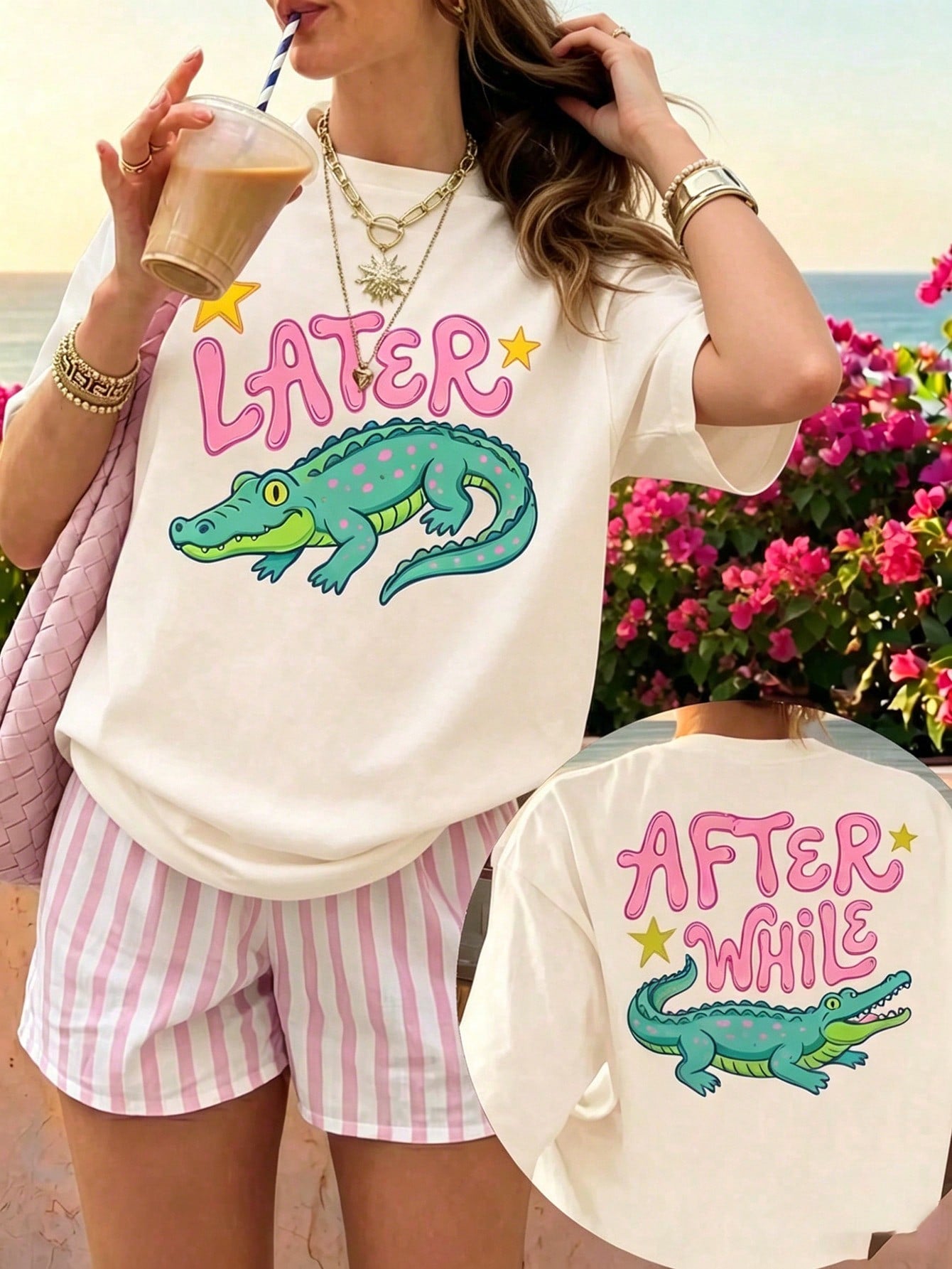 Women's Fun Crocodile Graphic Tee See You Later After A While Letter Print T-Shirt Short Sleeve Round Neck SummerTop Streetwear Aesthetic GraphicTee