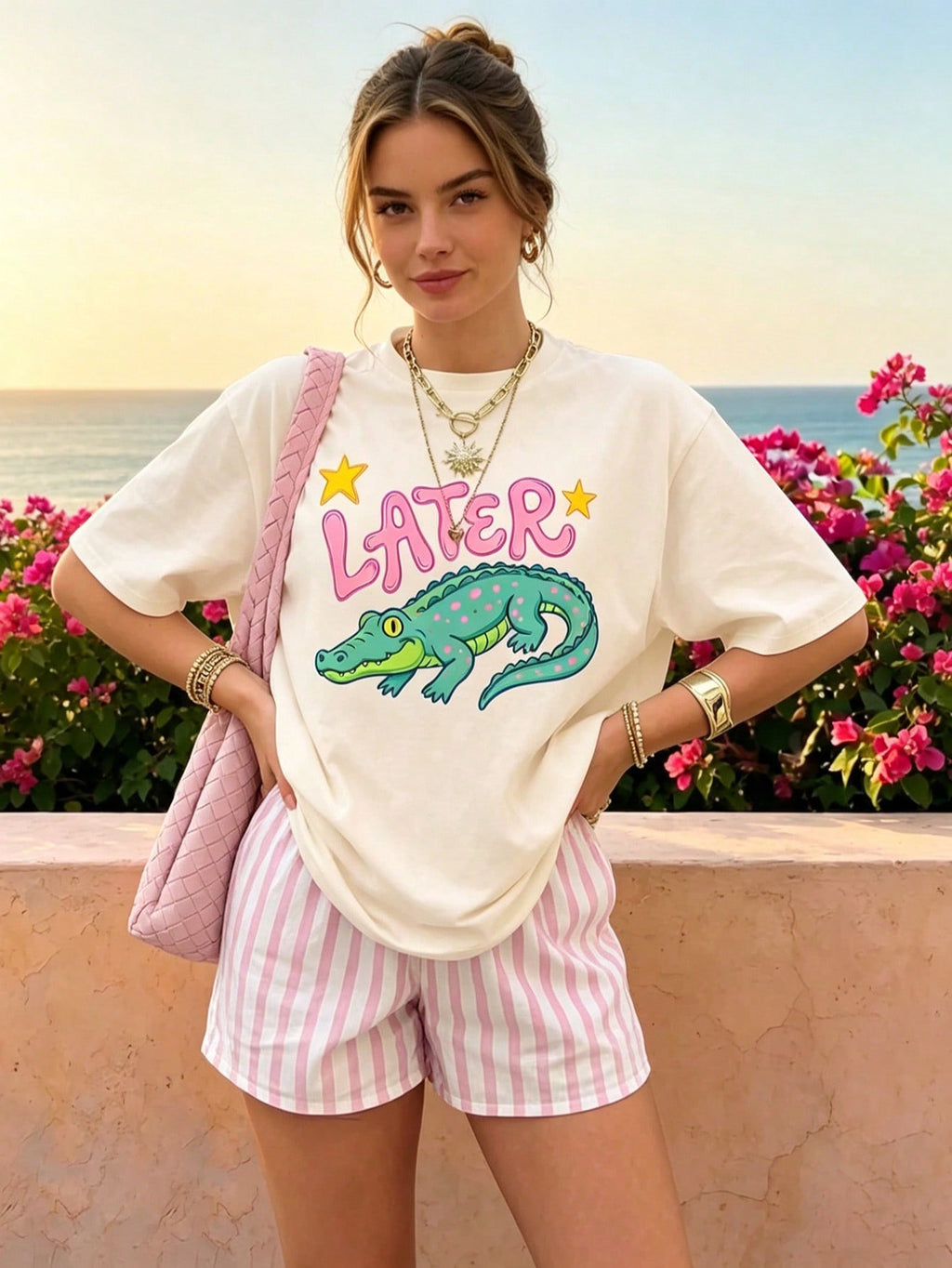 Women's Fun Crocodile Graphic Tee See You Later After A While Letter Print T-Shirt Short Sleeve Round Neck SummerTop Streetwear Aesthetic GraphicTee