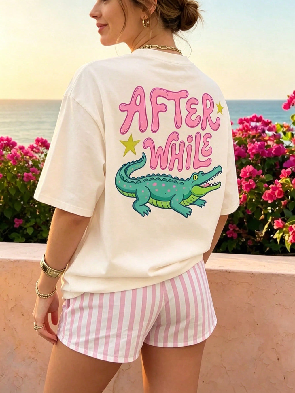 Women's Fun Crocodile Graphic Tee See You Later After A While Letter Print T-Shirt Short Sleeve Round Neck SummerTop Streetwear Aesthetic GraphicTee