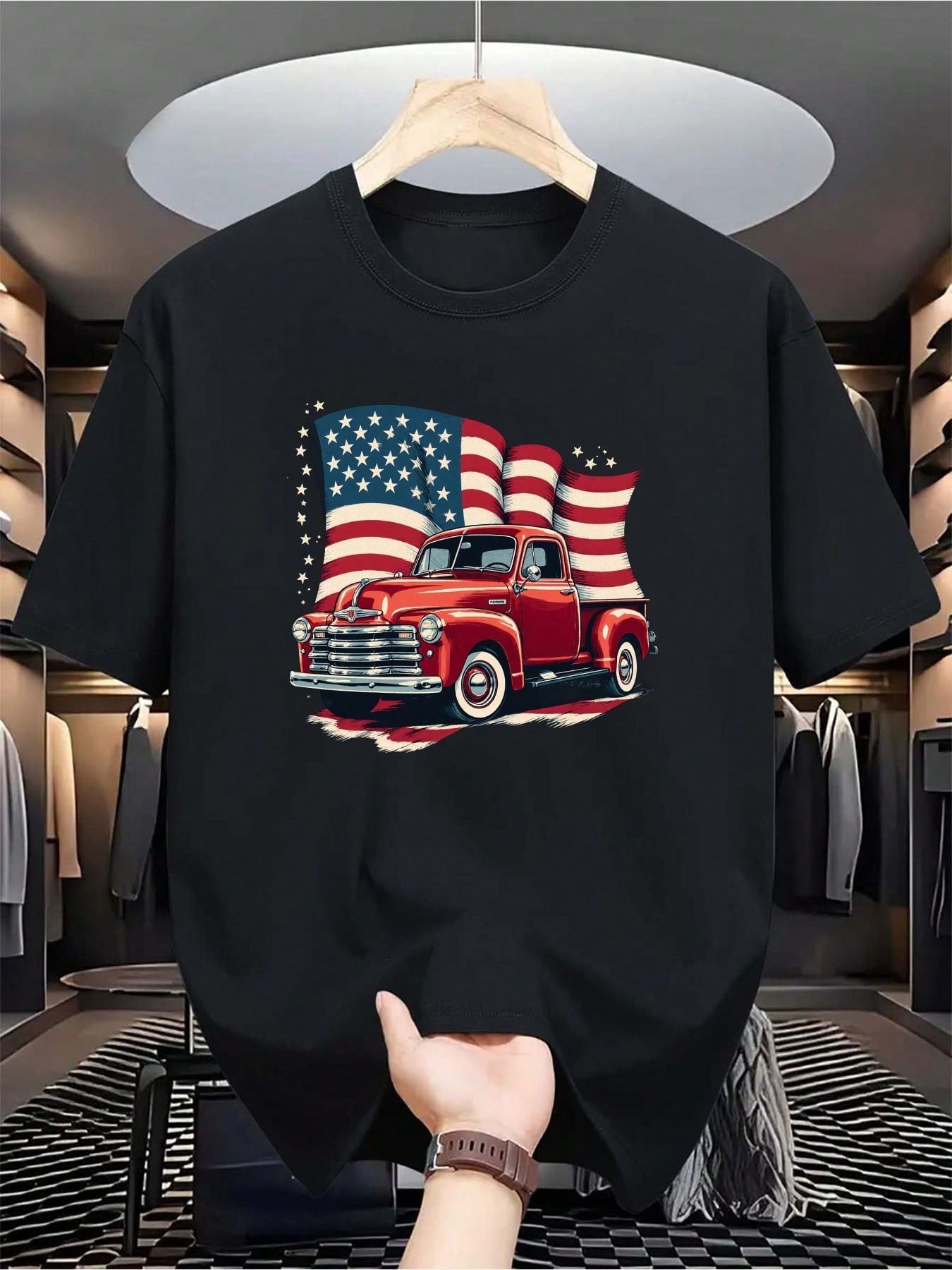 Vintage Red Pickup Truck Pattern T-Shirt | Classic Crew Neck T-Shirt With An American Flag Design, Soft And Comfortable, Suitable For Casual Wear Or Outdoor Activities, Making It A Perfect Gift For Father's Day, Independence Day, Birthdays, And Truck Enth