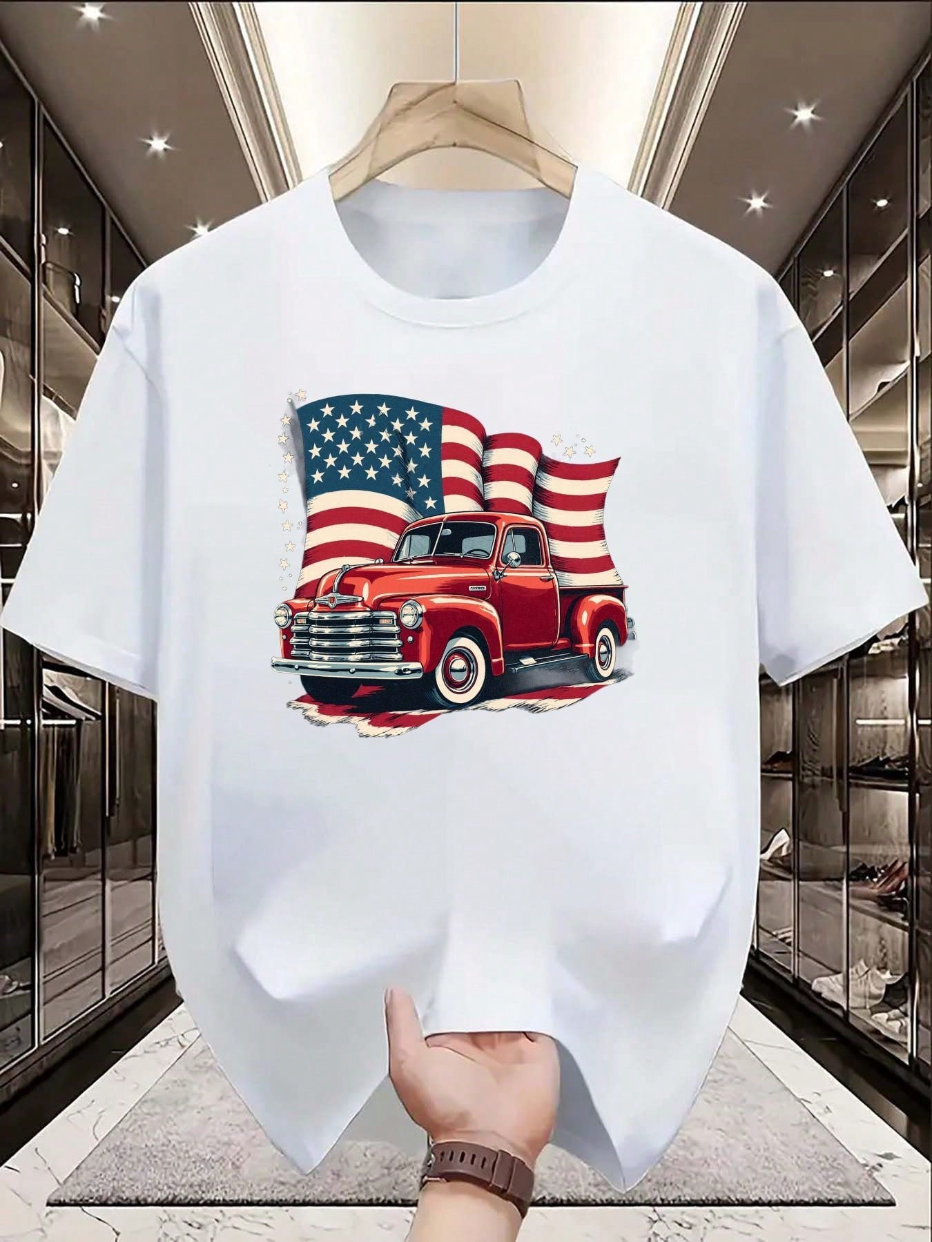 Vintage Red Pickup Truck Pattern T-Shirt | Classic Crew Neck T-Shirt With An American Flag Design, Soft And Comfortable, Suitable For Casual Wear Or Outdoor Activities, Making It A Perfect Gift For Father's Day, Independence Day, Birthdays, And Truck Enth