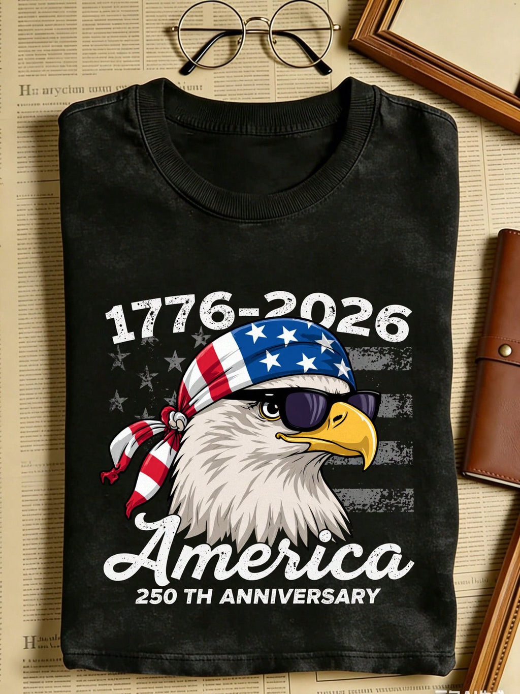 1776-2026 Eagle 250th Anniversary Commemorative T-Shirt - Heavyweight 100% Pure Cotton, Washed And Distressed Vintage Style, Unisex, Y2K Street Style, Eagle And 250th Anniversary Print, Crew Neck Casual Shirt - Ideal Commemorative Gift (Machine Washable)