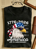 1776-2026 Eagle 250th Anniversary Commemorative T-Shirt - Heavyweight 100% Pure Cotton, Washed And Distressed Vintage Style, Unisex, Y2K Street Style, Eagle And 250th Anniversary Print, Crew Neck Casual Shirt - Ideal Commemorative Gift (Machine Washable)
