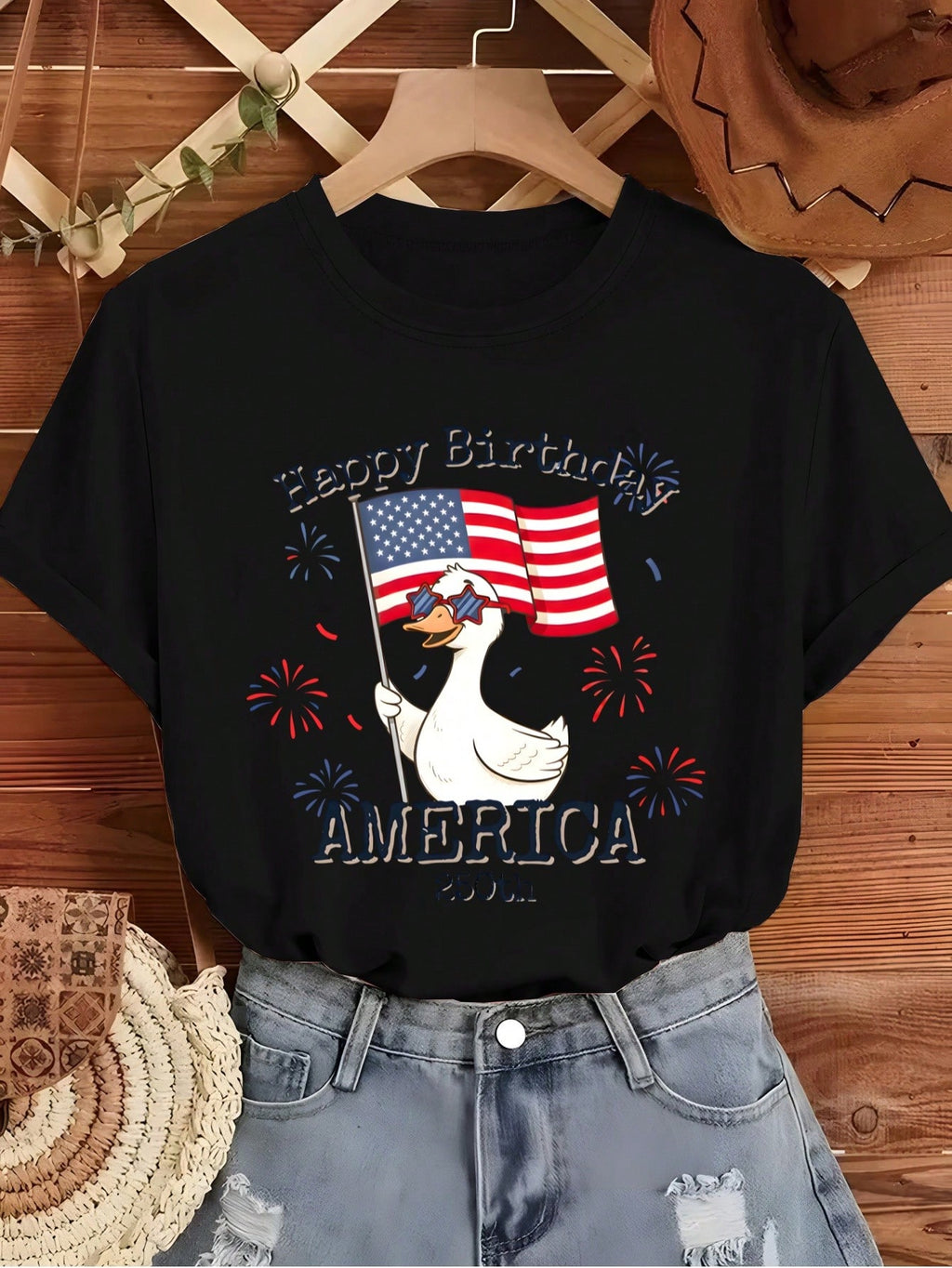 [Bestselling T-Shirt] American 250th Anniversary Fun Commemorative Short Sleeve With Birthday Wishes And Cartoon Characters, Cute Everyday Wear For Spring And Summer