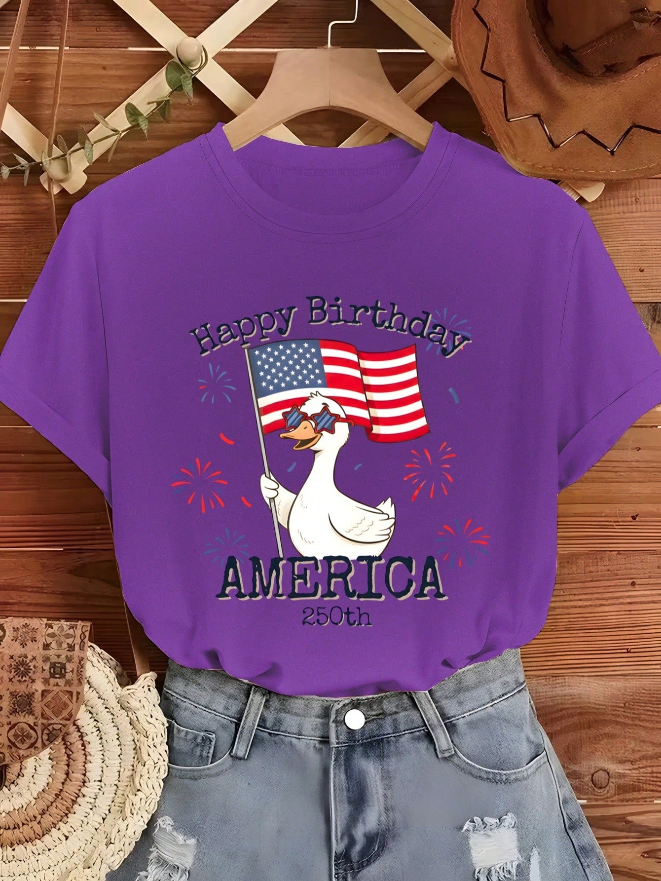 [Bestselling T-Shirt] American 250th Anniversary Fun Commemorative Short Sleeve With Birthday Wishes And Cartoon Characters, Cute Everyday Wear For Spring And Summer