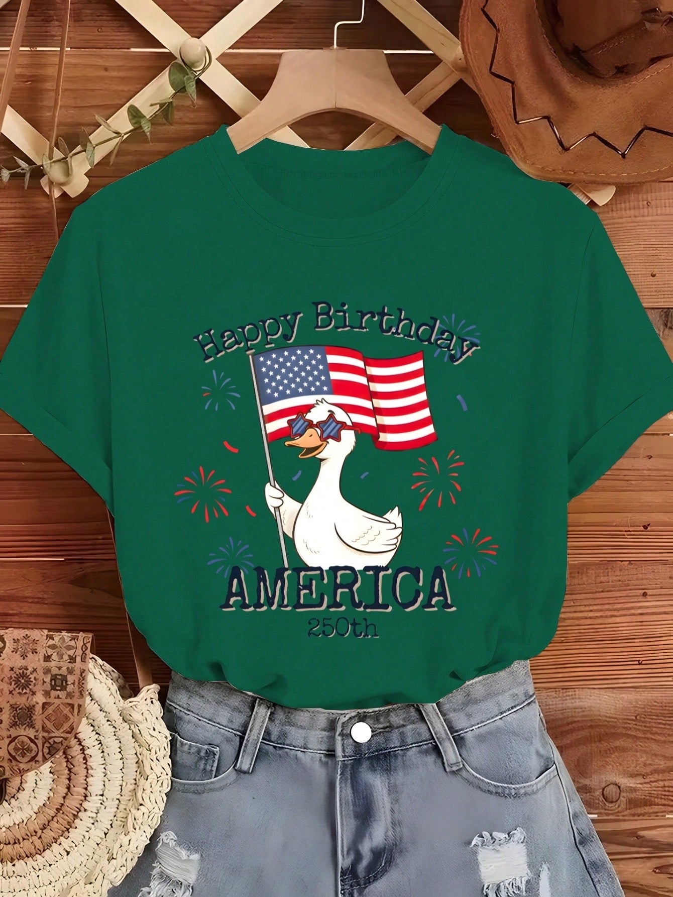 [Bestselling T-Shirt] American 250th Anniversary Fun Commemorative Short Sleeve With Birthday Wishes And Cartoon Characters, Cute Everyday Wear For Spring And Summer