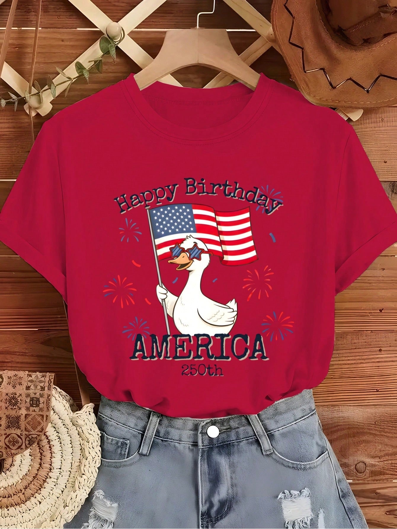 [Bestselling T-Shirt] American 250th Anniversary Fun Commemorative Short Sleeve With Birthday Wishes And Cartoon Characters, Cute Everyday Wear For Spring And Summer