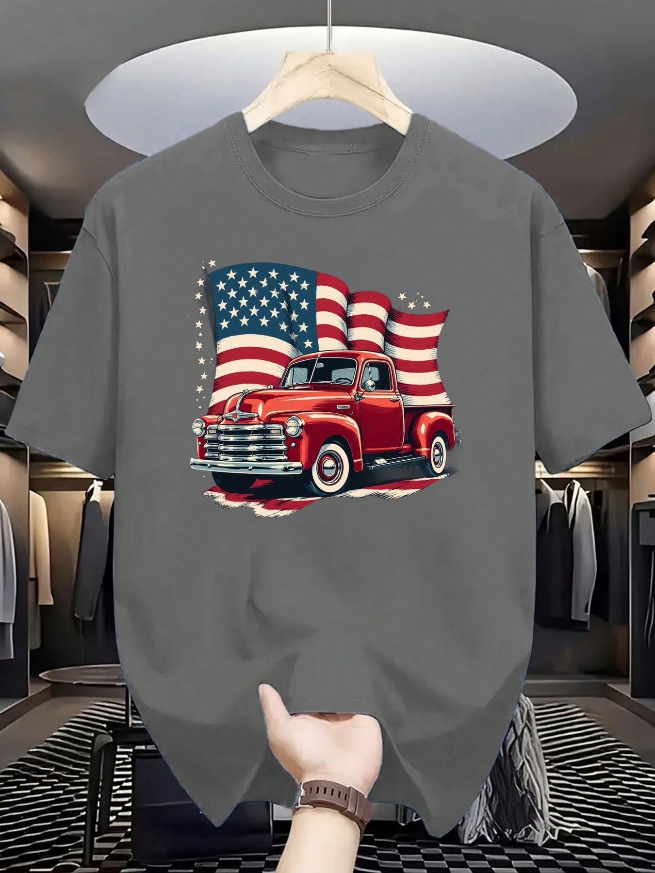 Vintage Red Pickup Truck Pattern T-Shirt | Classic Crew Neck T-Shirt With An American Flag Design, Soft And Comfortable, Suitable For Casual Wear Or Outdoor Activities, Making It A Perfect Gift For Father's Day, Independence Day, Birthdays, And Truck Enth