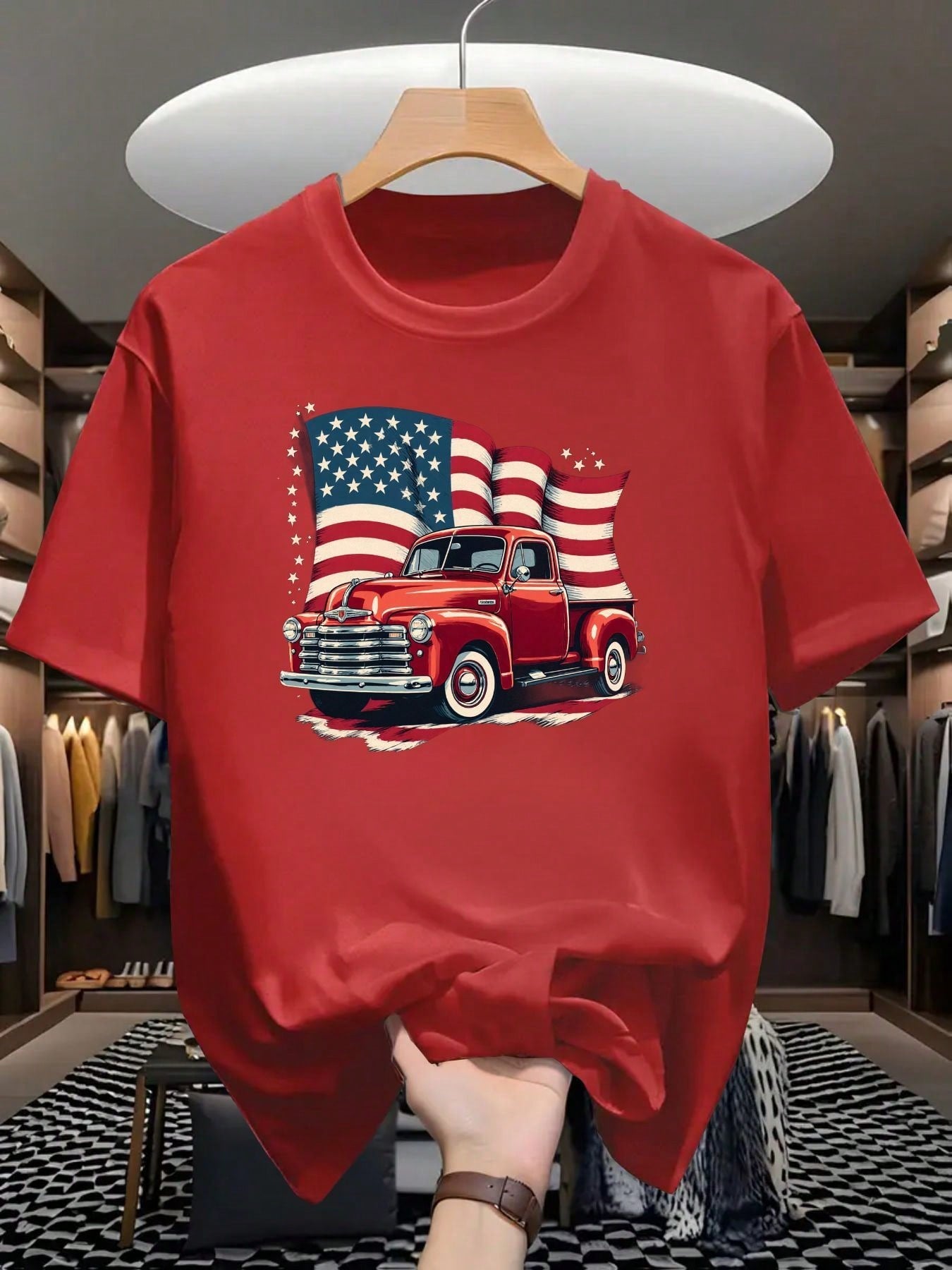 Vintage Red Pickup Truck Pattern T-Shirt | Classic Crew Neck T-Shirt With An American Flag Design, Soft And Comfortable, Suitable For Casual Wear Or Outdoor Activities, Making It A Perfect Gift For Father's Day, Independence Day, Birthdays, And Truck Enth