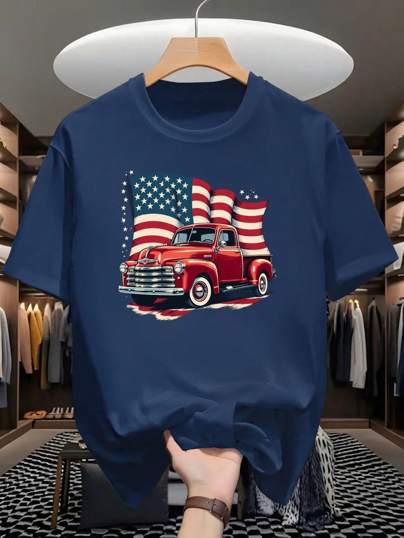 Vintage Red Pickup Truck Pattern T-Shirt | Classic Crew Neck T-Shirt With An American Flag Design, Soft And Comfortable, Suitable For Casual Wear Or Outdoor Activities, Making It A Perfect Gift For Father's Day, Independence Day, Birthdays, And Truck Enth