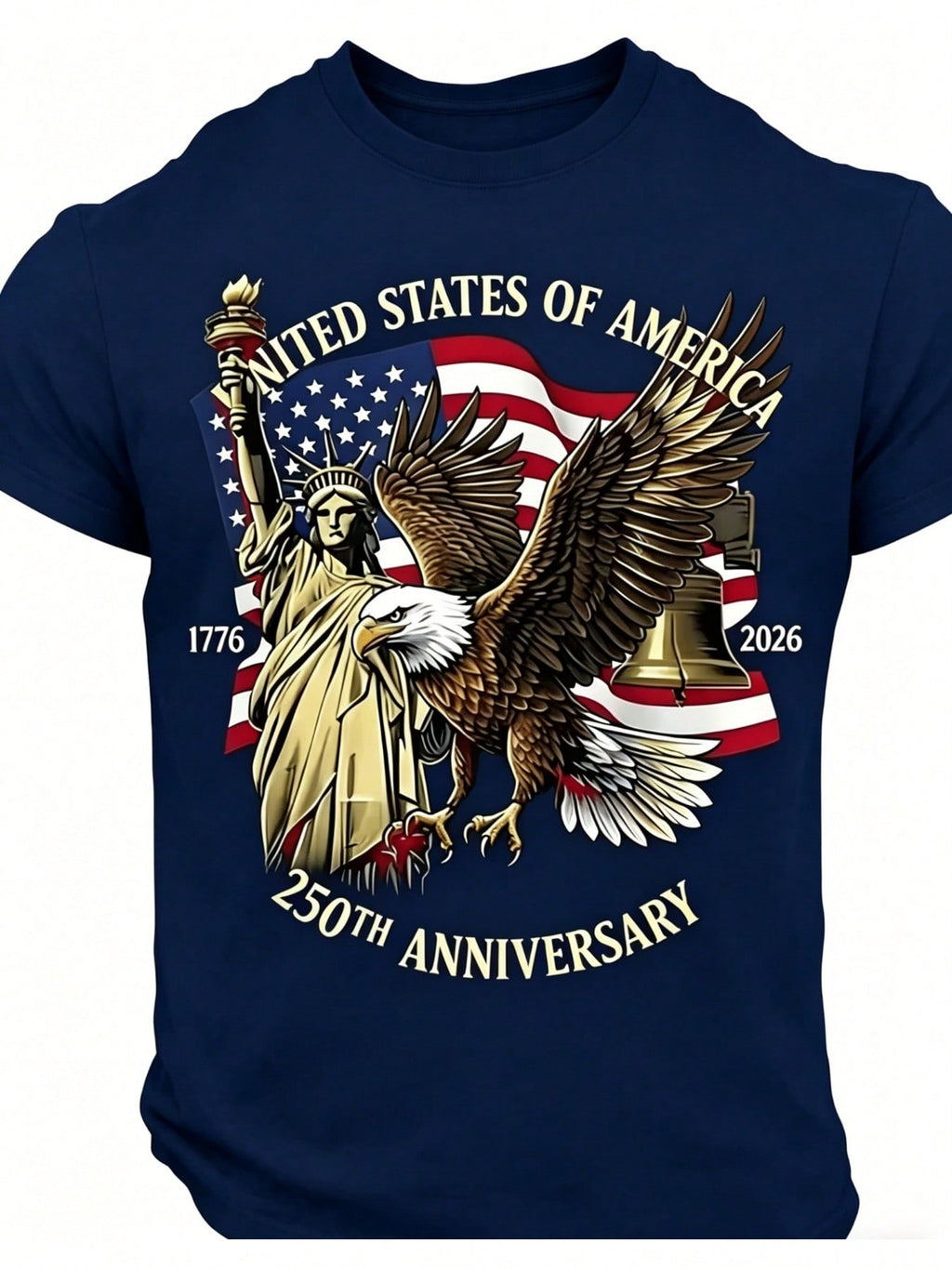 USA 250th Independence Day Men's T-Shirt With Flag, Eagle, And Statue Of Liberty Print Short Sleeve