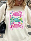 Cute Watercolor Crabs Graphic Tee Loose Fit Women Coastal Stripes Print Short Sleeve Summer Casual White T-Shirt Aesthetic Pink Beach Vacation Top Ocean Theme Clothes