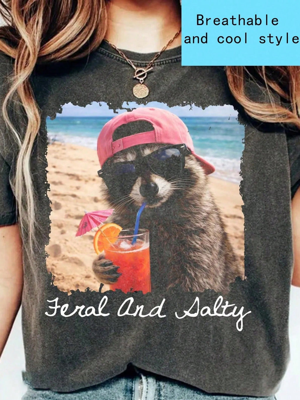 Dark Grey Loose Fit T-Shirt Featuring Cool Beach Raccoon In Sunglasses And Pink Cap Drinking Cocktail Graphic, And Salty Letter Print, Summer Casual Streetwear Drop Shoulder Crewneck Short Sleeve Top For Women Men Teens Youth