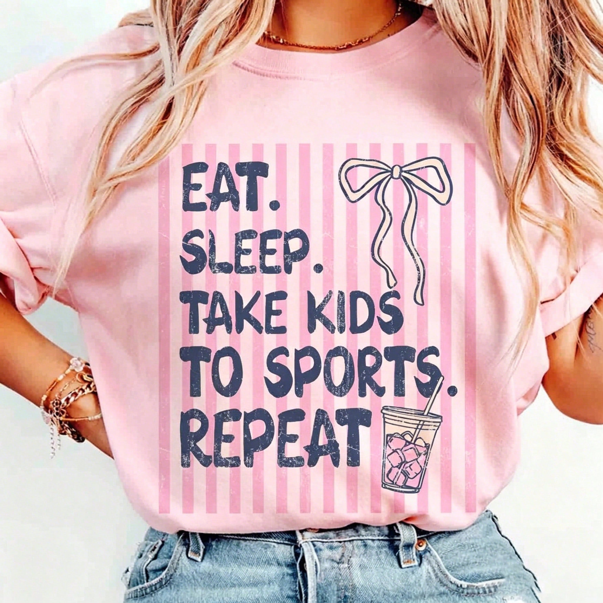 This Short-Sleeved Crew Neck Casual Top Features A Striped Theme: Eating, Drinking, Playing, Exercising With Kids, And A Recurring Baseball Mom Pattern, Perfect For Spring And Summer Wear. (Women's T-Shirt)