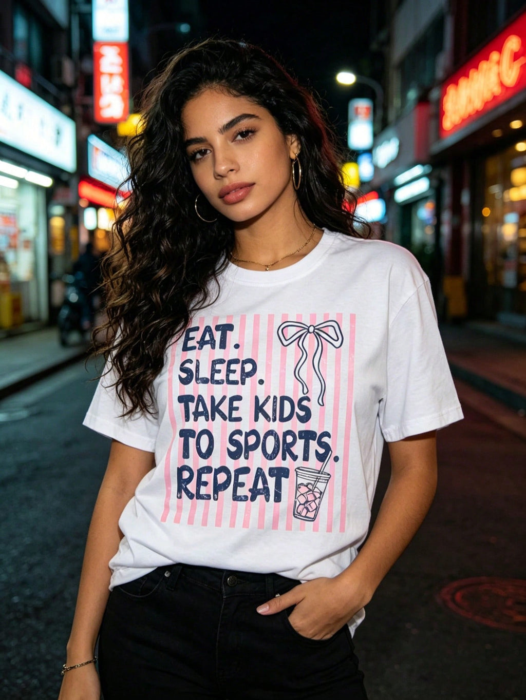 This Short-Sleeved Crew Neck Casual Top Features A Striped Theme: Eating, Drinking, Playing, Exercising With Kids, And A Recurring Baseball Mom Pattern, Perfect For Spring And Summer Wear. (Women's T-Shirt)