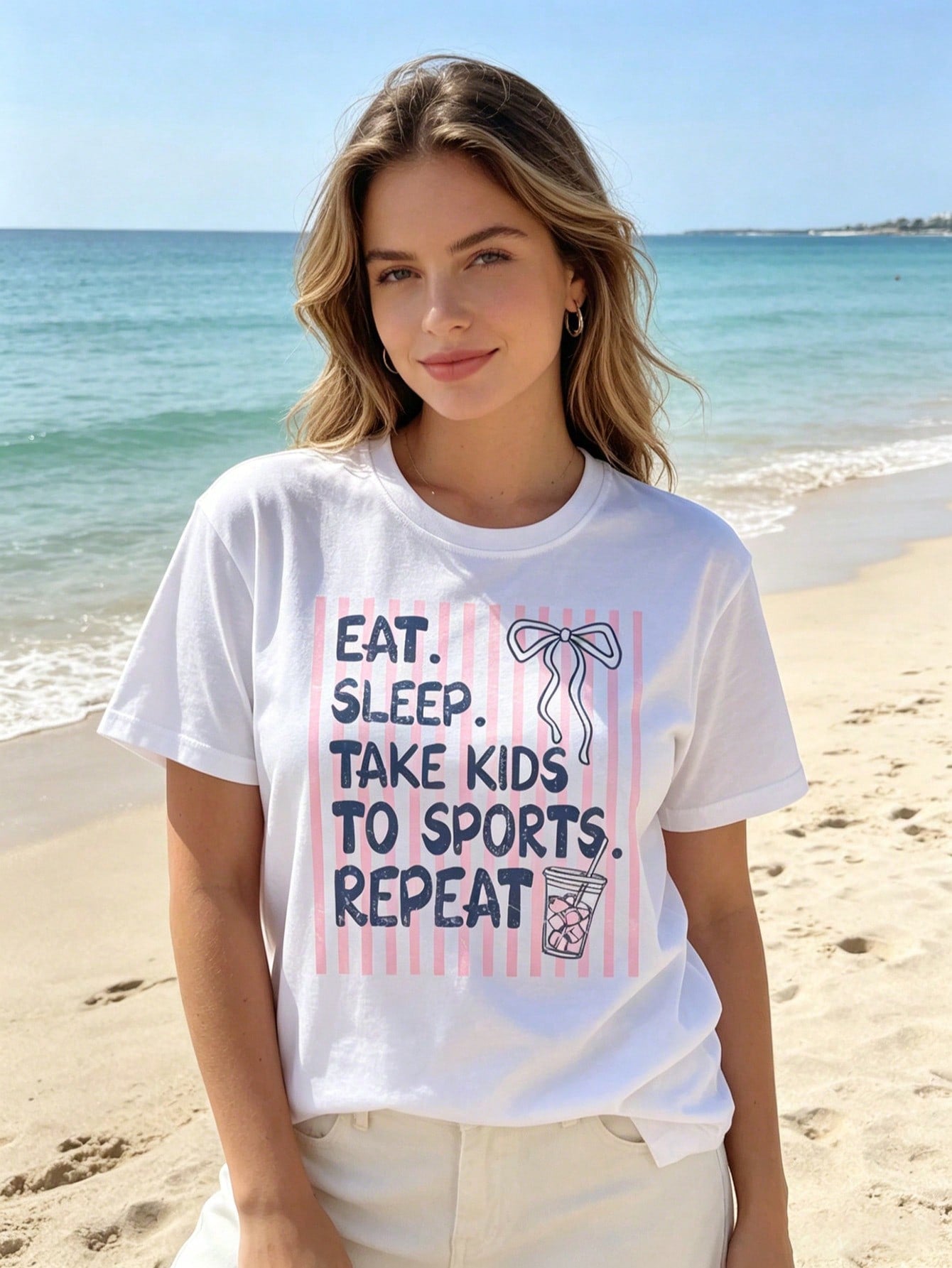 This Short-Sleeved Crew Neck Casual Top Features A Striped Theme: Eating, Drinking, Playing, Exercising With Kids, And A Recurring Baseball Mom Pattern, Perfect For Spring And Summer Wear. (Women's T-Shirt)