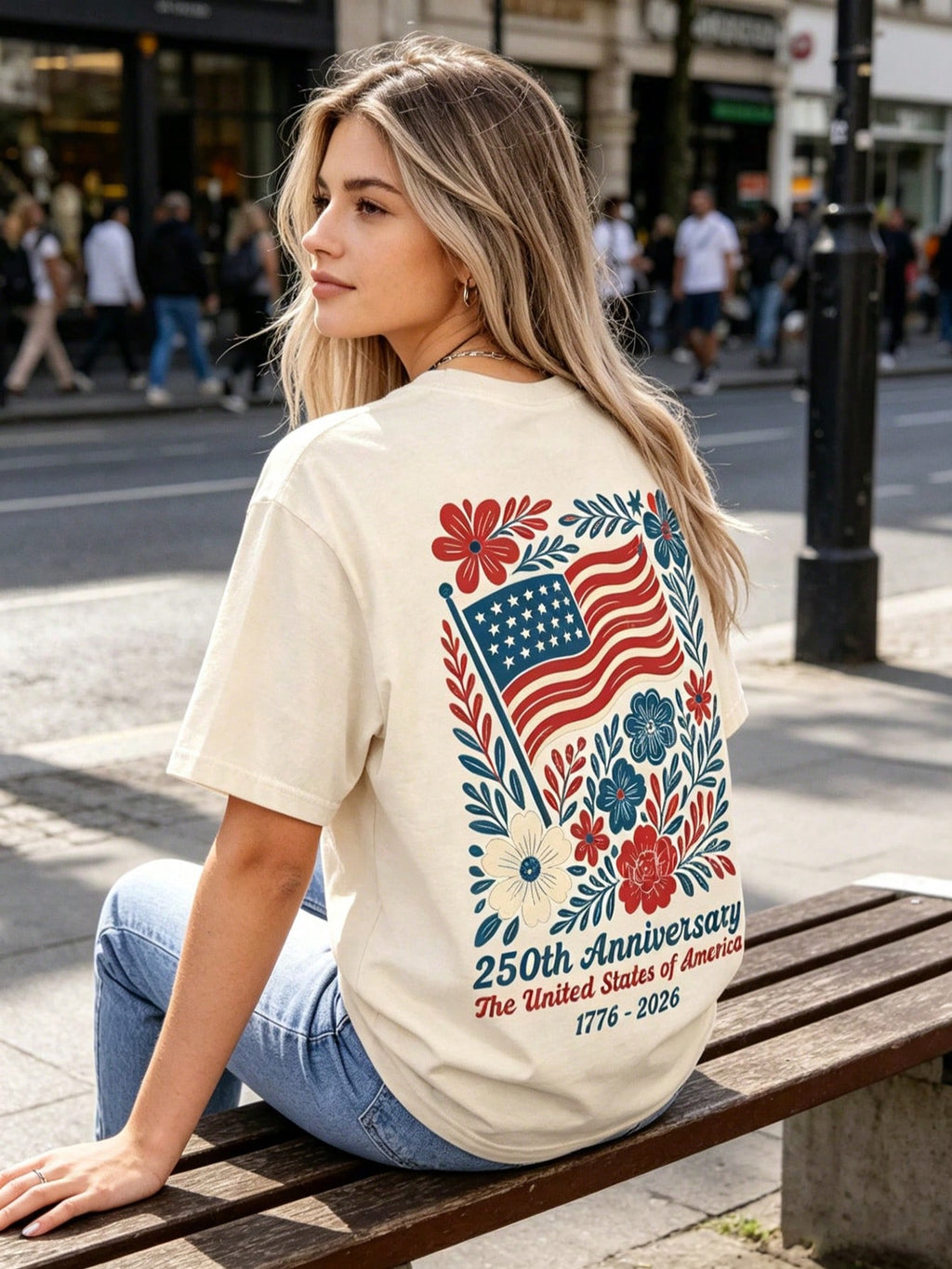 USA 250th Anniversary Shirt 4th Of July Back Graphic Tee Boho Floral America T-Shirt American Flag 250 Independence Day Gift Summer Tops For Women